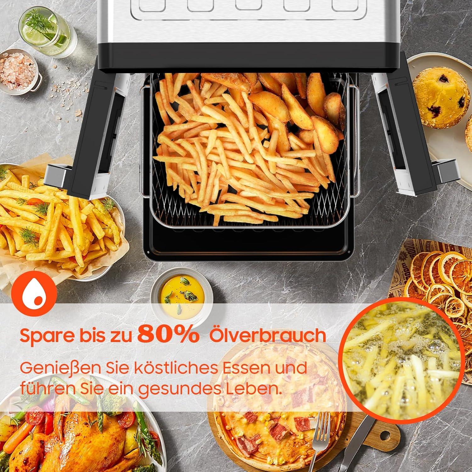 imageAir Fryer Dual Zone 23L XXL Friteuse Air avec sparateur amovible Friteuse sans huile avec portes French Door 15 programmes Grande fentre 5 ensembles daccessoires Livre de recette