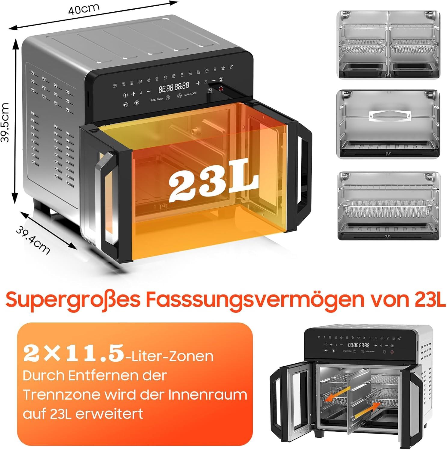 imageAir Fryer Dual Zone 23L XXL Friteuse Air avec sparateur amovible Friteuse sans huile avec portes French Door 15 programmes Grande fentre 5 ensembles daccessoires Livre de recette