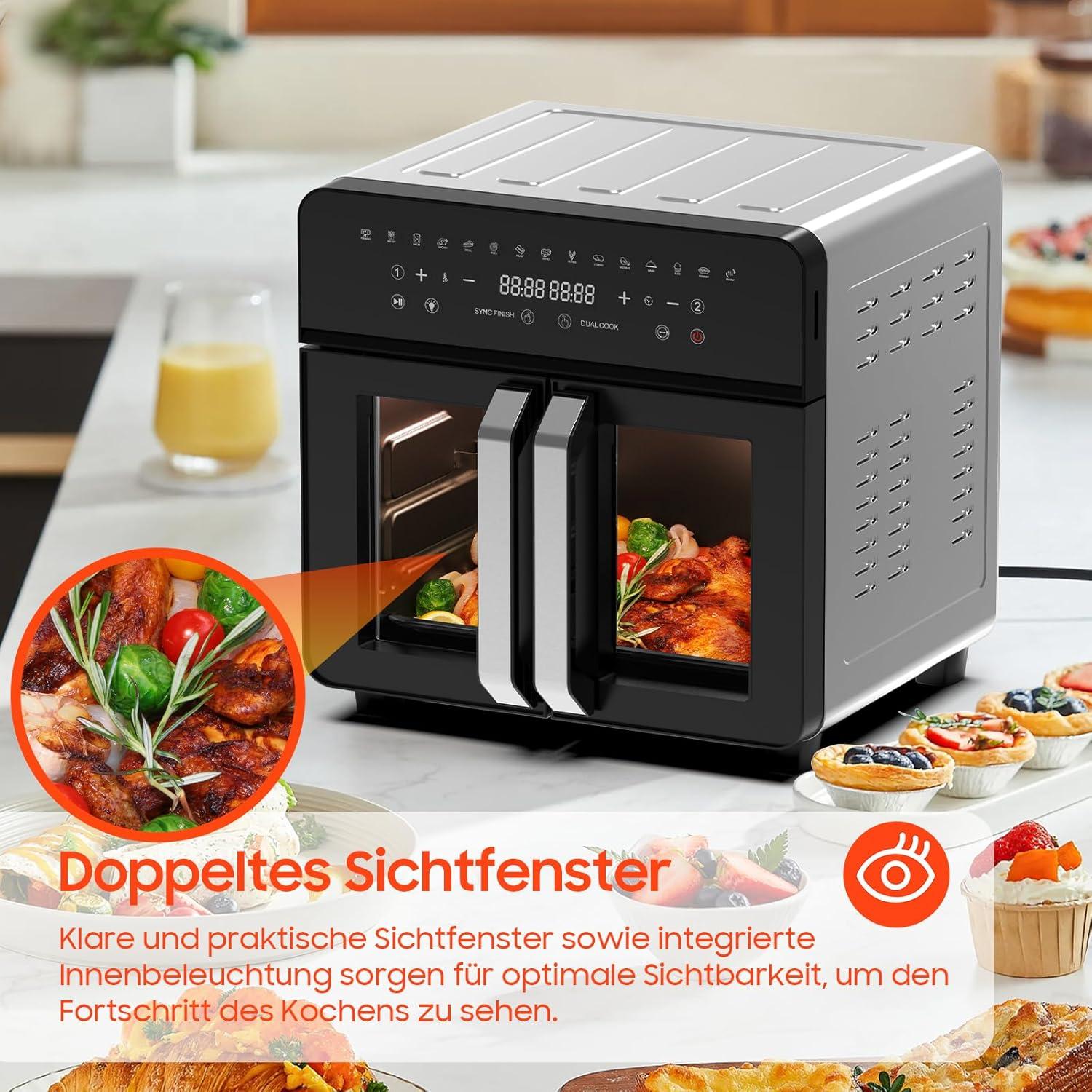 imageAir Fryer Dual Zone 23L XXL Friteuse Air avec sparateur amovible Friteuse sans huile avec portes French Door 15 programmes Grande fentre 5 ensembles daccessoires Livre de recette
