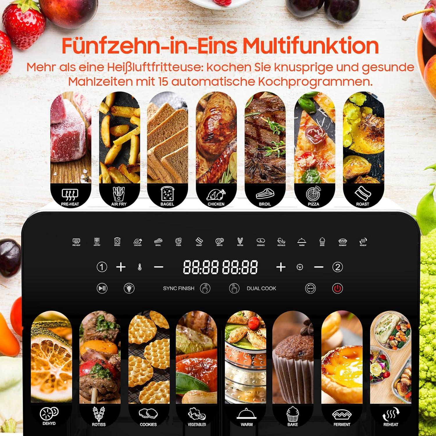 imageAir Fryer Dual Zone 23L XXL Friteuse Air avec sparateur amovible Friteuse sans huile avec portes French Door 15 programmes Grande fentre 5 ensembles daccessoires Livre de recette