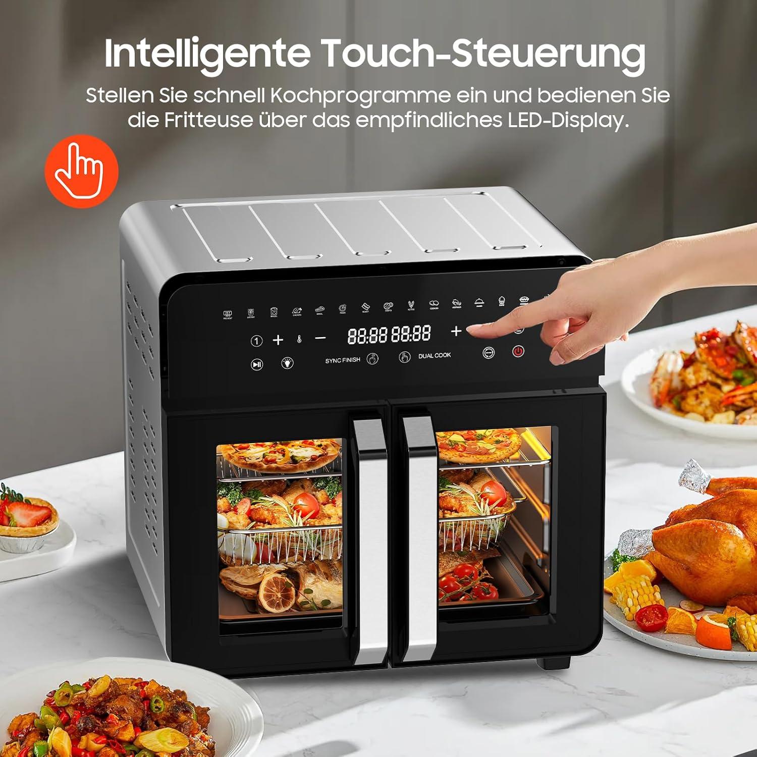 imageAir Fryer Dual Zone 23L XXL Friteuse Air avec sparateur amovible Friteuse sans huile avec portes French Door 15 programmes Grande fentre 5 ensembles daccessoires Livre de recette