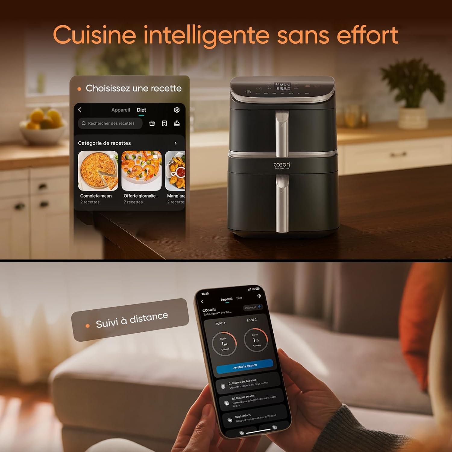 imageCOSORI Air Fryer 108L Turbo Tower ProFriteuse sans huile avec 100 en Cramique Double Stack Dual BlazeampampTurbo Blaze3 Niveaux Cuisson7 Fonctions de Cuisson68 dconomie dnergie300 RecettesCramique 108L avec Wifi
