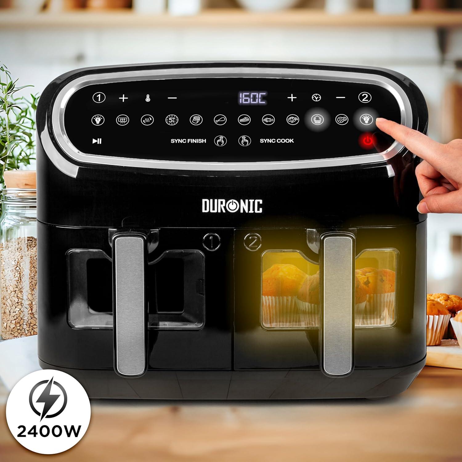 imageDuronic AF34 BK Set Friteuse Air avec 1 grand tiroir de 10L et 2 petits tiroirs de 5L inclus 10 Programmes de Cuisson Prrgls Sans huile Fonctions Sync Cook Sync FinishNoir