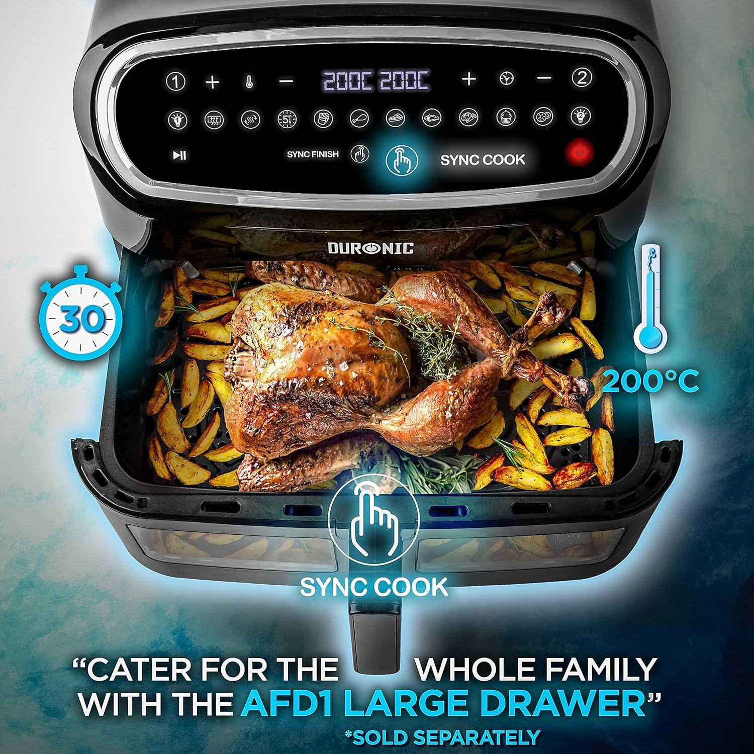 imageDuronic AF34 BK Set Friteuse Air avec 1 grand tiroir de 10L et 2 petits tiroirs de 5L inclus 10 Programmes de Cuisson Prrgls Sans huile Fonctions Sync Cook Sync FinishNoir