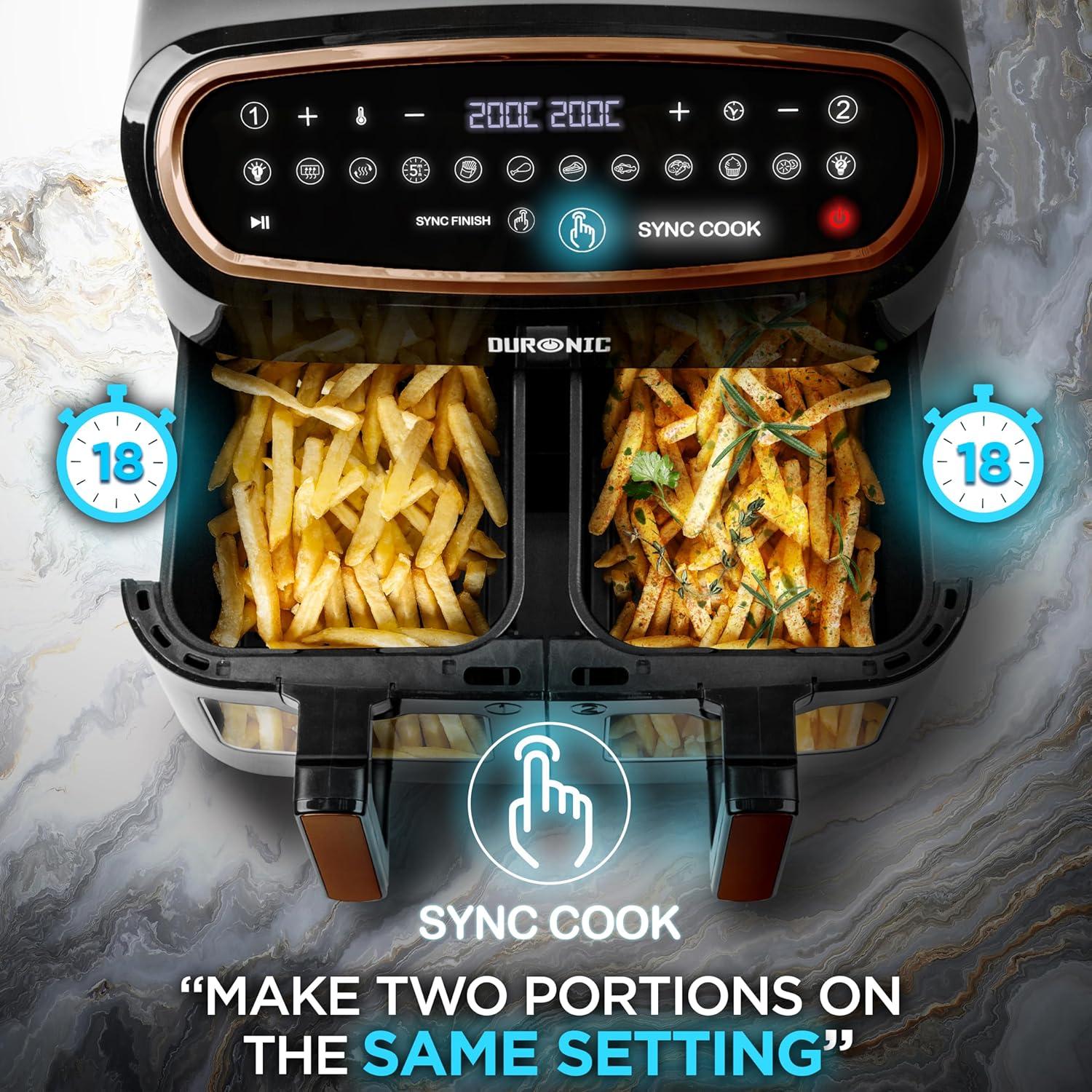 imageDuronic AF34 BK Set Friteuse Air avec 1 grand tiroir de 10L et 2 petits tiroirs de 5L inclus 10 Programmes de Cuisson Prrgls Sans huile Fonctions Sync Cook Sync FinishAf34 Bg