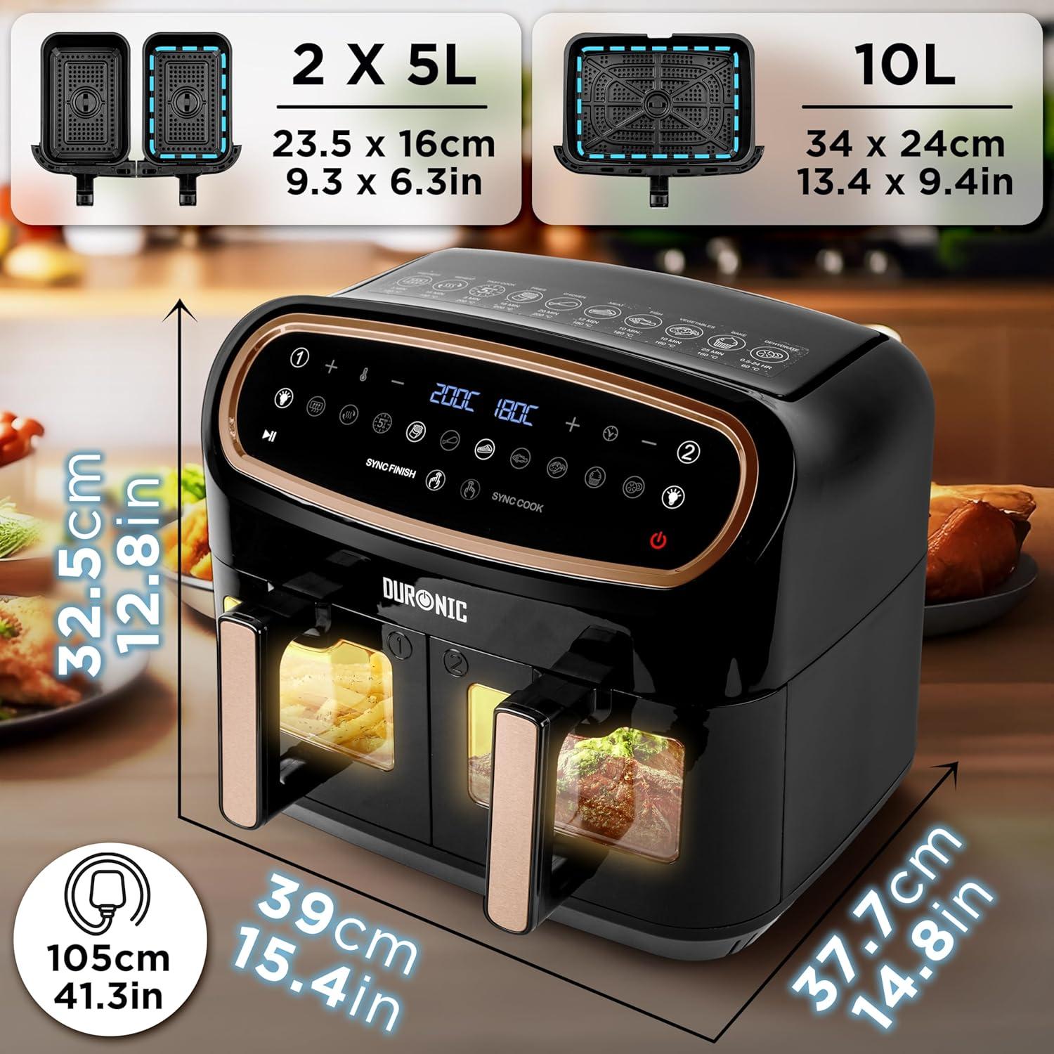 imageDuronic AF34 BK Set Friteuse Air avec 1 grand tiroir de 10L et 2 petits tiroirs de 5L inclus 10 Programmes de Cuisson Prrgls Sans huile Fonctions Sync Cook Sync FinishAf34 Bg