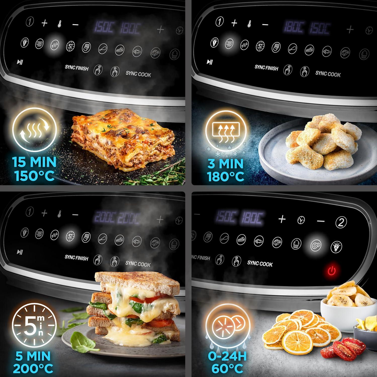 imageDuronic AF34 BK Set Friteuse Air avec 1 grand tiroir de 10L et 2 petits tiroirs de 5L inclus 10 Programmes de Cuisson Prrgls Sans huile Fonctions Sync Cook Sync FinishAf14 Bk