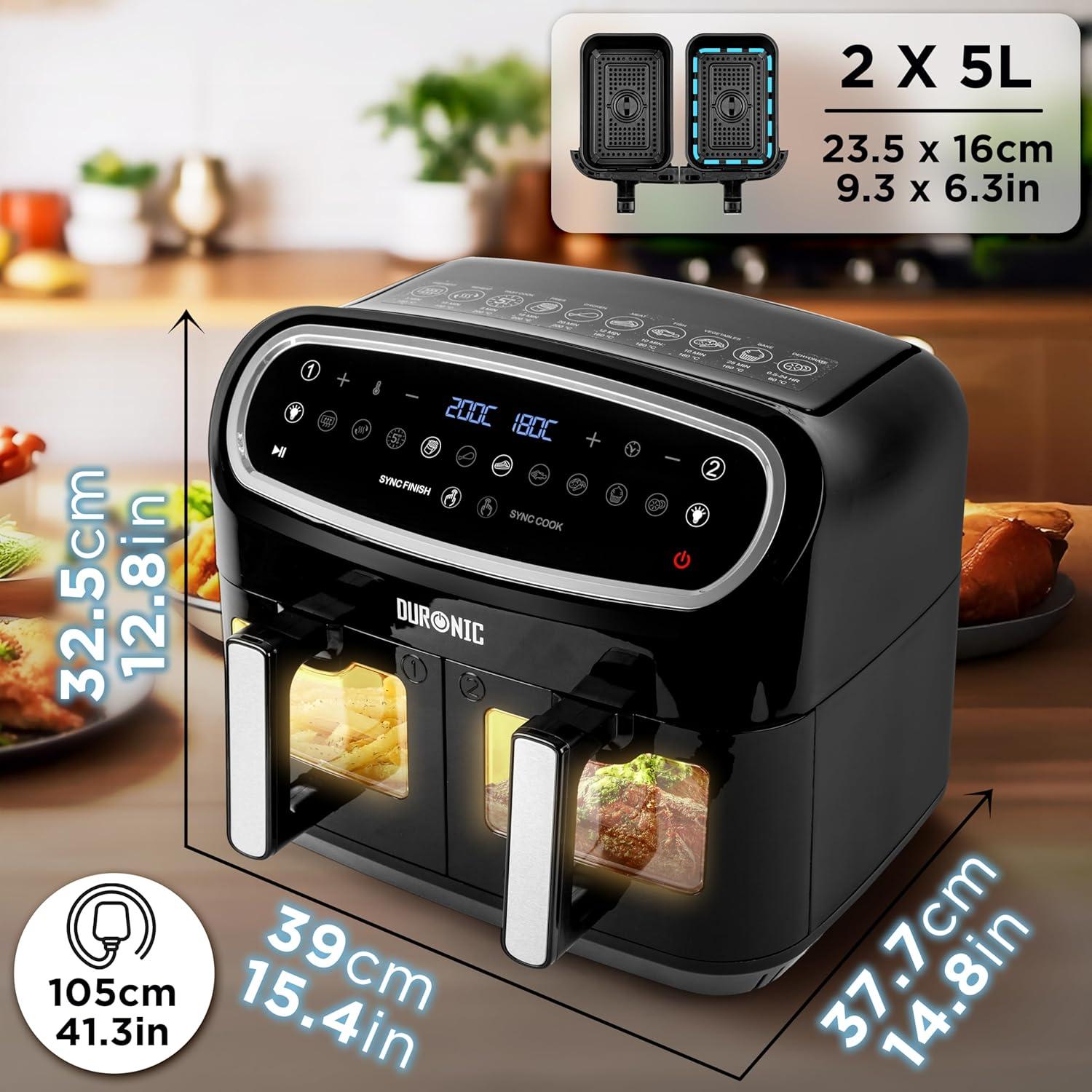 imageDuronic AF34 BK Set Friteuse Air avec 1 grand tiroir de 10L et 2 petits tiroirs de 5L inclus 10 Programmes de Cuisson Prrgls Sans huile Fonctions Sync Cook Sync FinishNoir