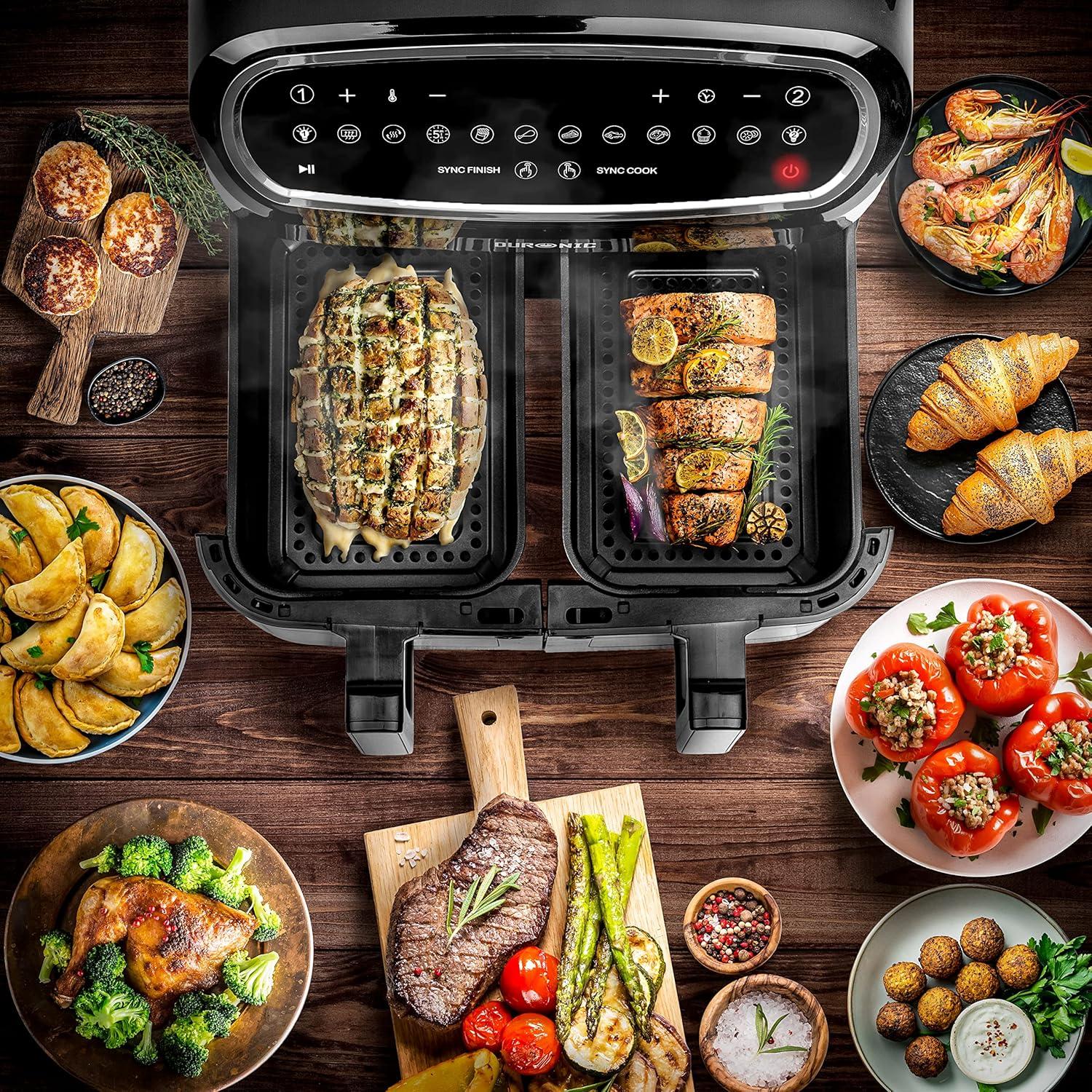 imageDuronic AF34 BK Set Friteuse Air avec 1 grand tiroir de 10L et 2 petits tiroirs de 5L inclus 10 Programmes de Cuisson Prrgls Sans huile Fonctions Sync Cook Sync FinishNoir