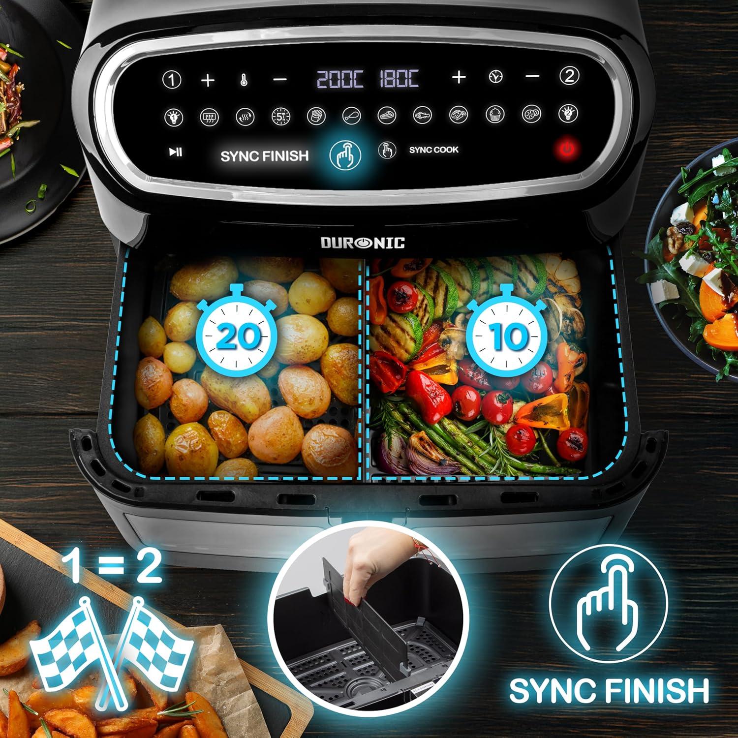 imageDuronic AF34 BK Set Friteuse Air avec 1 grand tiroir de 10L et 2 petits tiroirs de 5L inclus 10 Programmes de Cuisson Prrgls Sans huile Fonctions Sync Cook Sync FinishAf14 Bk