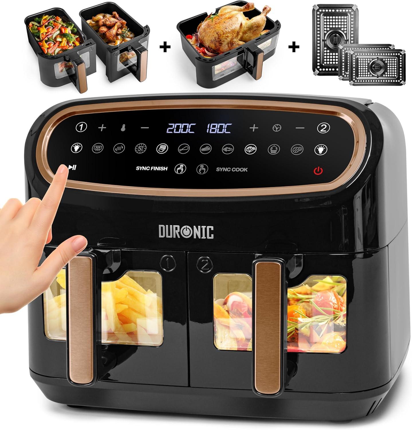 imageDuronic AF34 BK Set Friteuse Air avec 1 grand tiroir de 10L et 2 petits tiroirs de 5L inclus 10 Programmes de Cuisson Prrgls Sans huile Fonctions Sync Cook Sync FinishAf34 Bg
