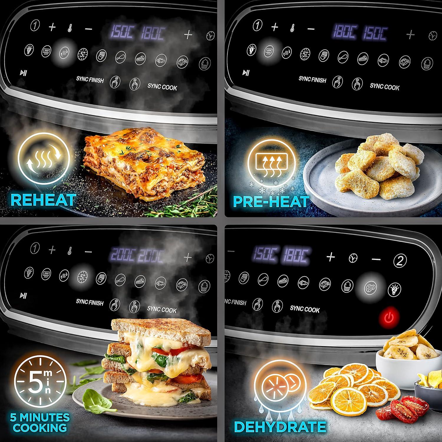 imageDuronic AF34 BK Set Friteuse Air avec 1 grand tiroir de 10L et 2 petits tiroirs de 5L inclus 10 Programmes de Cuisson Prrgls Sans huile Fonctions Sync Cook Sync FinishNoir