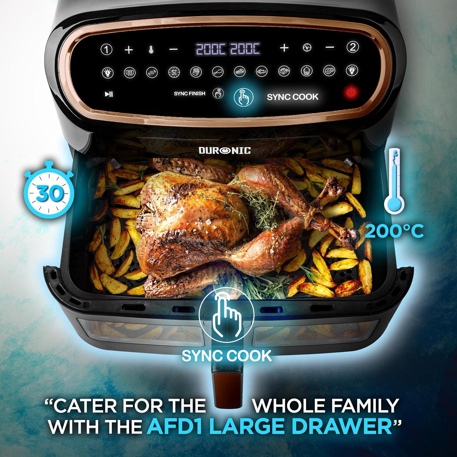 imageDuronic AF34 BK Set Friteuse Air avec 1 grand tiroir de 10L et 2 petits tiroirs de 5L inclus 10 Programmes de Cuisson Prrgls Sans huile Fonctions Sync Cook Sync FinishAf34 Bg