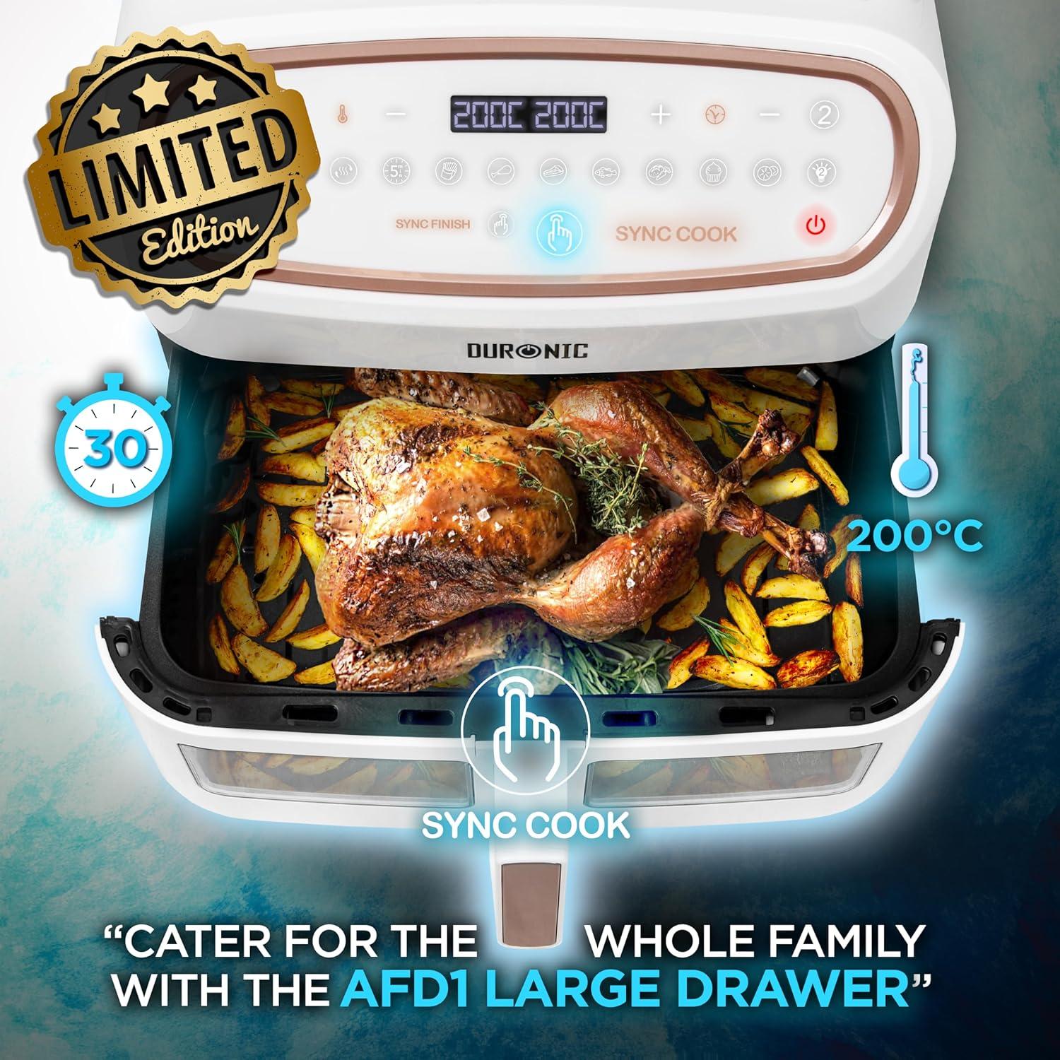 imageDuronic AF34 BK Set Friteuse Air avec 1 grand tiroir de 10L et 2 petits tiroirs de 5L inclus 10 Programmes de Cuisson Prrgls Sans huile Fonctions Sync Cook Sync FinishAf34 We