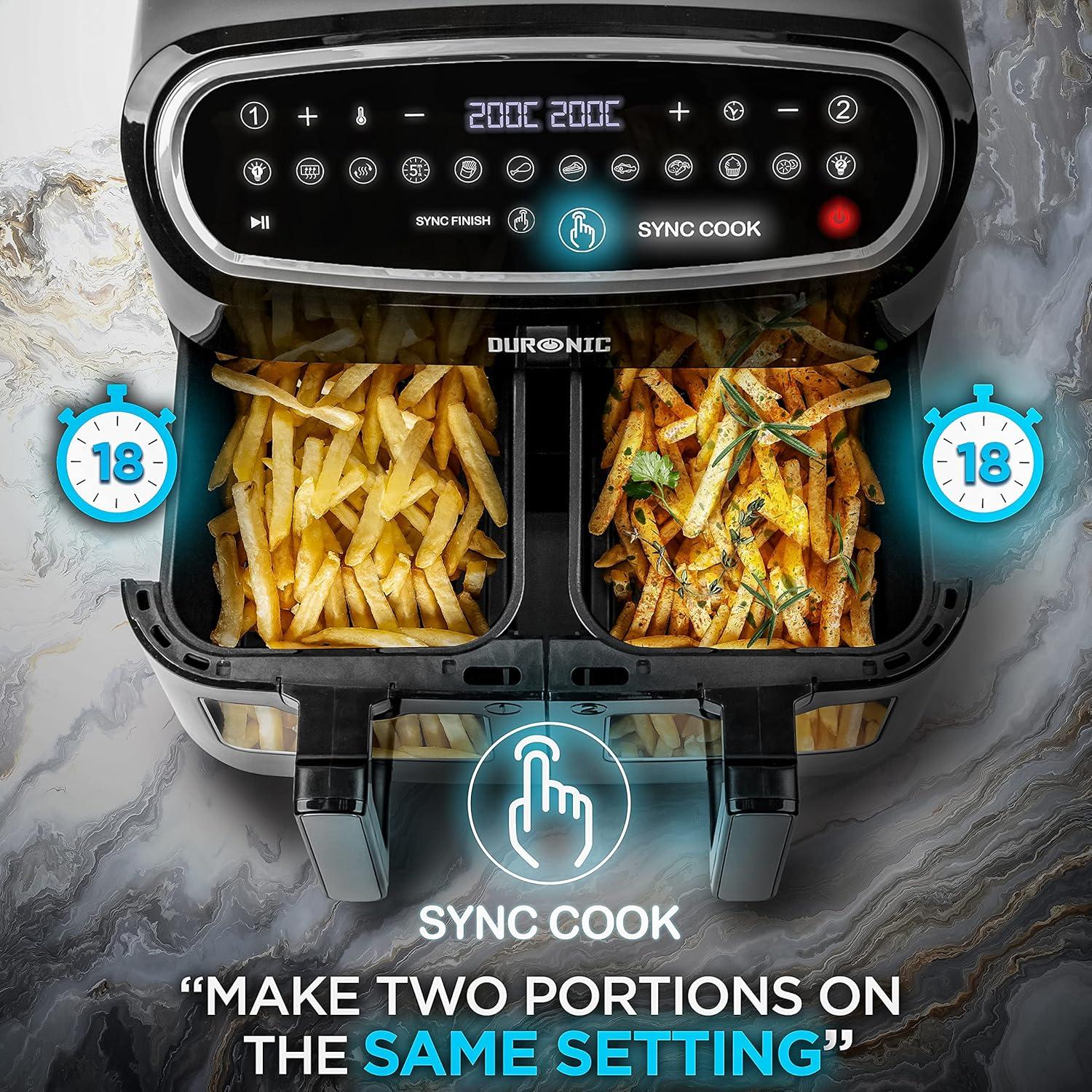 imageDuronic AF34 BK Set Friteuse Air avec 1 grand tiroir de 10L et 2 petits tiroirs de 5L inclus 10 Programmes de Cuisson Prrgls Sans huile Fonctions Sync Cook Sync FinishNoir