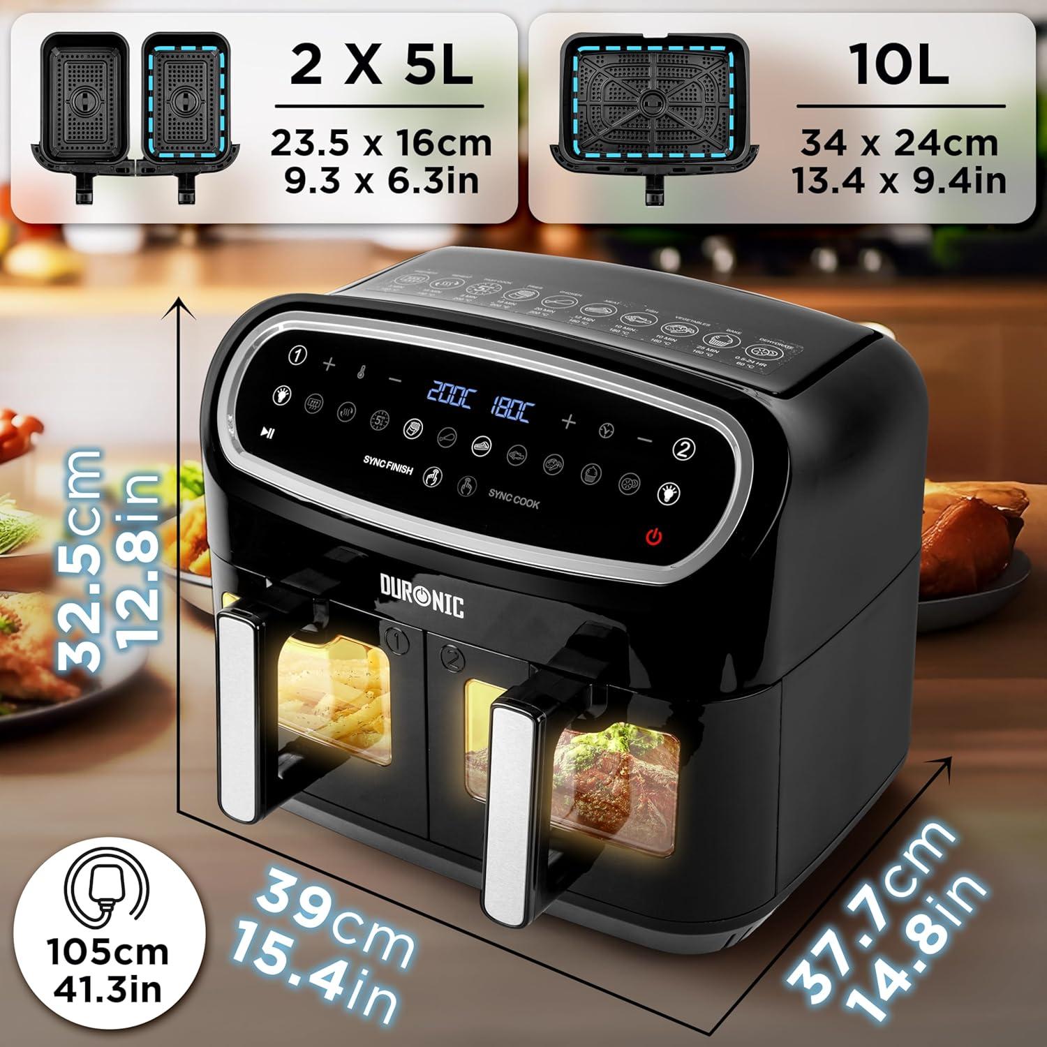 imageDuronic AF34 BK Set Friteuse Air avec 1 grand tiroir de 10L et 2 petits tiroirs de 5L inclus 10 Programmes de Cuisson Prrgls Sans huile Fonctions Sync Cook Sync FinishAf34 Bk