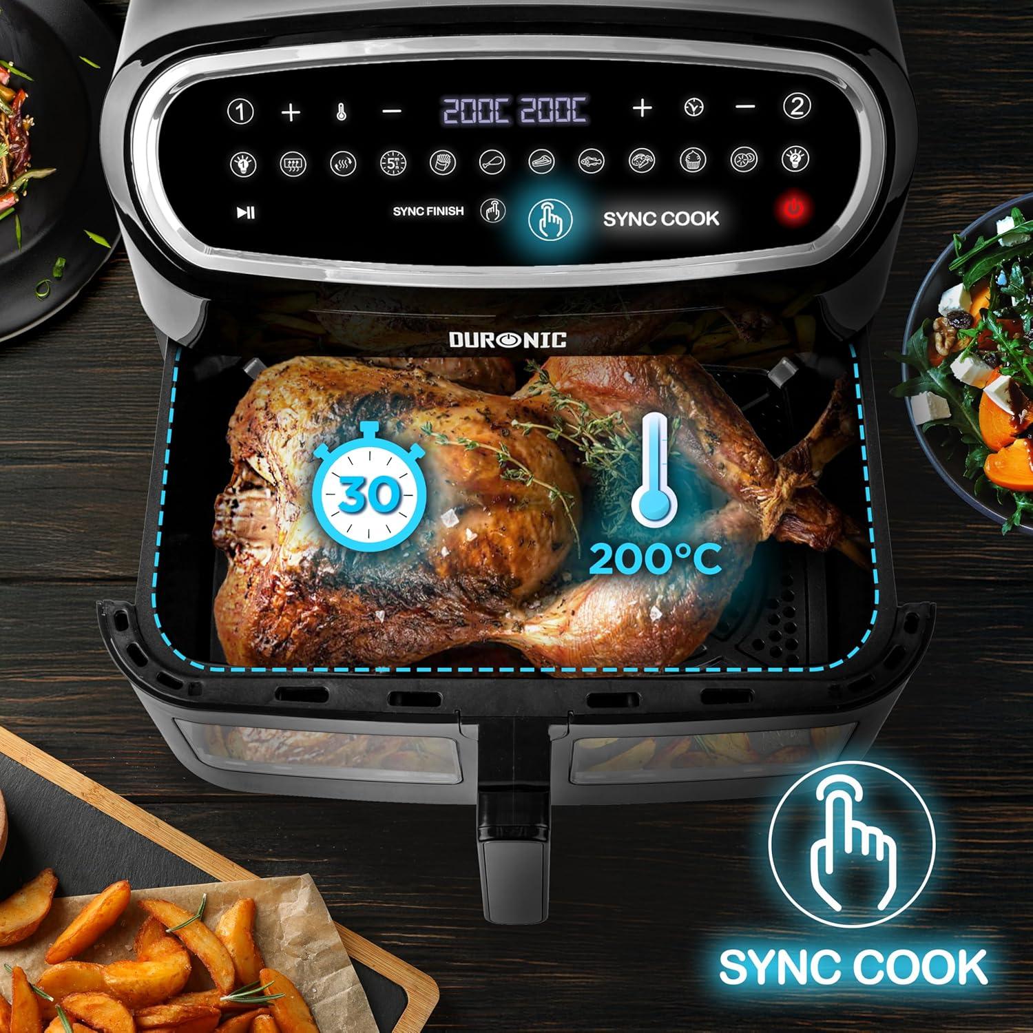imageDuronic AF34 BK Set Friteuse Air avec 1 grand tiroir de 10L et 2 petits tiroirs de 5L inclus 10 Programmes de Cuisson Prrgls Sans huile Fonctions Sync Cook Sync FinishAf14 Bk