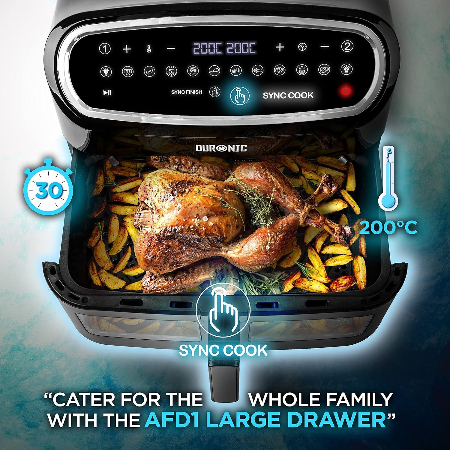 imageDuronic AF34 BK Set Friteuse Air avec 1 grand tiroir de 10L et 2 petits tiroirs de 5L inclus 10 Programmes de Cuisson Prrgls Sans huile Fonctions Sync Cook Sync FinishAf34 Bk