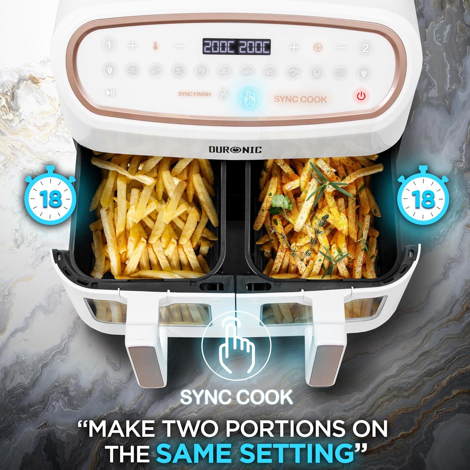 imageDuronic AF34 BK Set Friteuse Air avec 1 grand tiroir de 10L et 2 petits tiroirs de 5L inclus 10 Programmes de Cuisson Prrgls Sans huile Fonctions Sync Cook Sync FinishAf34 We