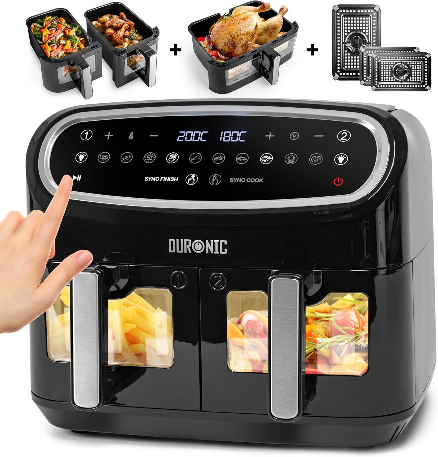 imageDuronic AF34 BK Set Friteuse Air avec 1 grand tiroir de 10L et 2 petits tiroirs de 5L inclus 10 Programmes de Cuisson Prrgls Sans huile Fonctions Sync Cook Sync FinishAf34 Bk