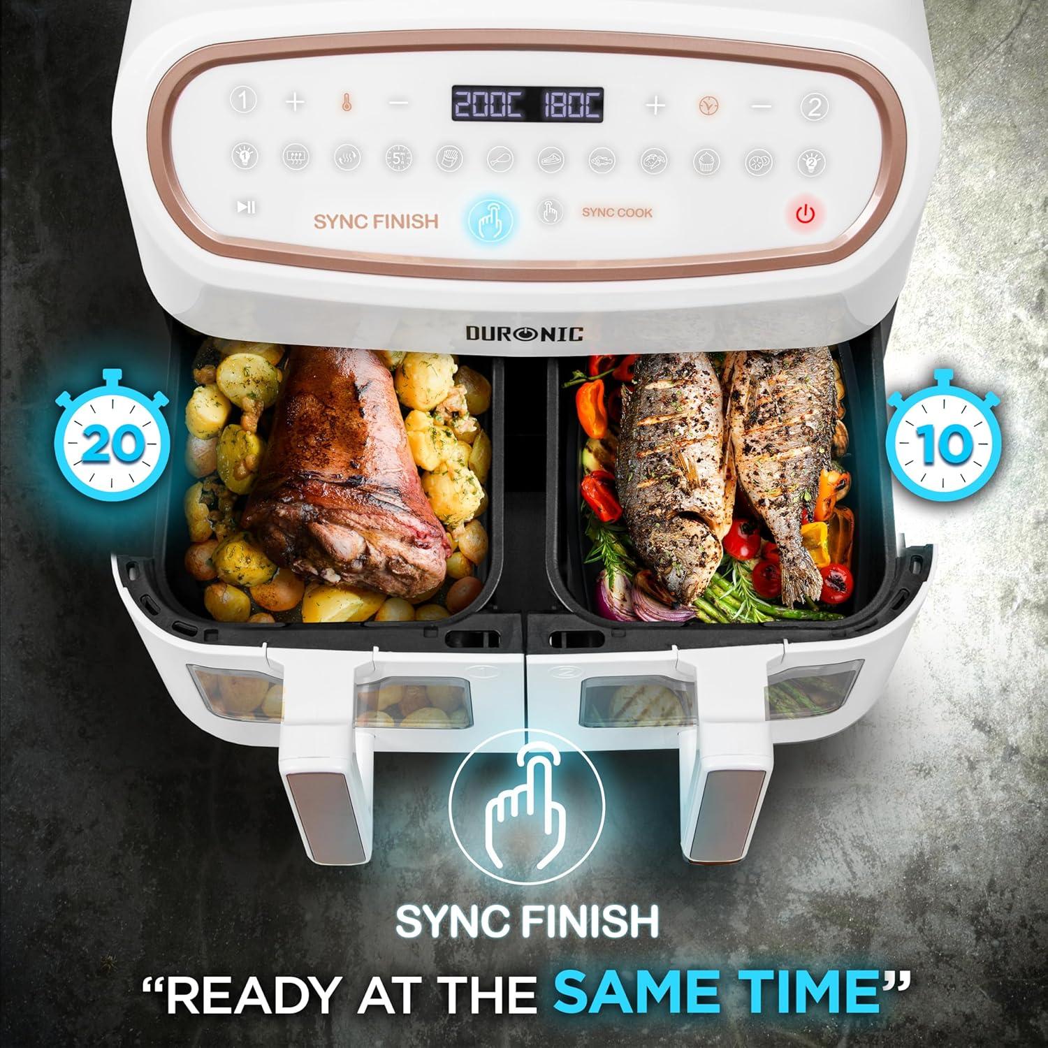imageDuronic AF34 BK Set Friteuse Air avec 1 grand tiroir de 10L et 2 petits tiroirs de 5L inclus 10 Programmes de Cuisson Prrgls Sans huile Fonctions Sync Cook Sync FinishAf34 We