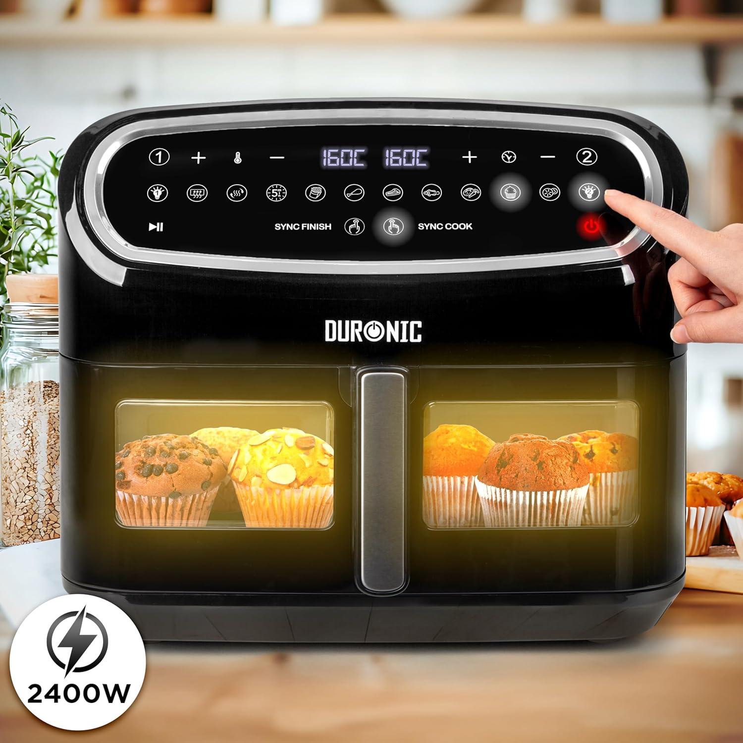 imageDuronic AF34 BK Set Friteuse Air avec 1 grand tiroir de 10L et 2 petits tiroirs de 5L inclus 10 Programmes de Cuisson Prrgls Sans huile Fonctions Sync Cook Sync FinishAf14 Bk