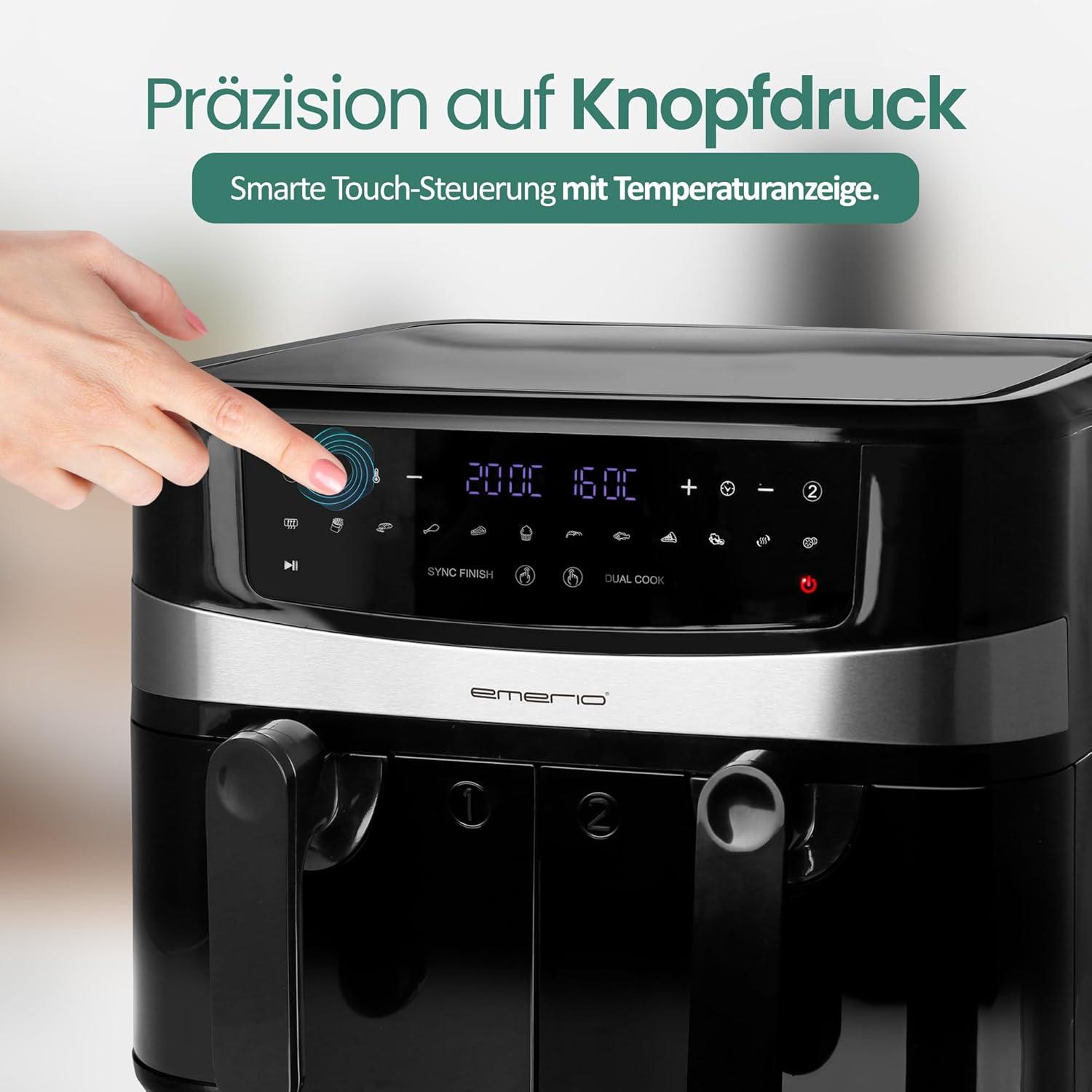 imageEmerio AirFryer AF1266724 Friteuse numrique air chaud double avec air chaud sans huile supplmentaire volume 2 x 50 l 12 programmes sans BPA fonction Smart Finish les deux sont prts en mme