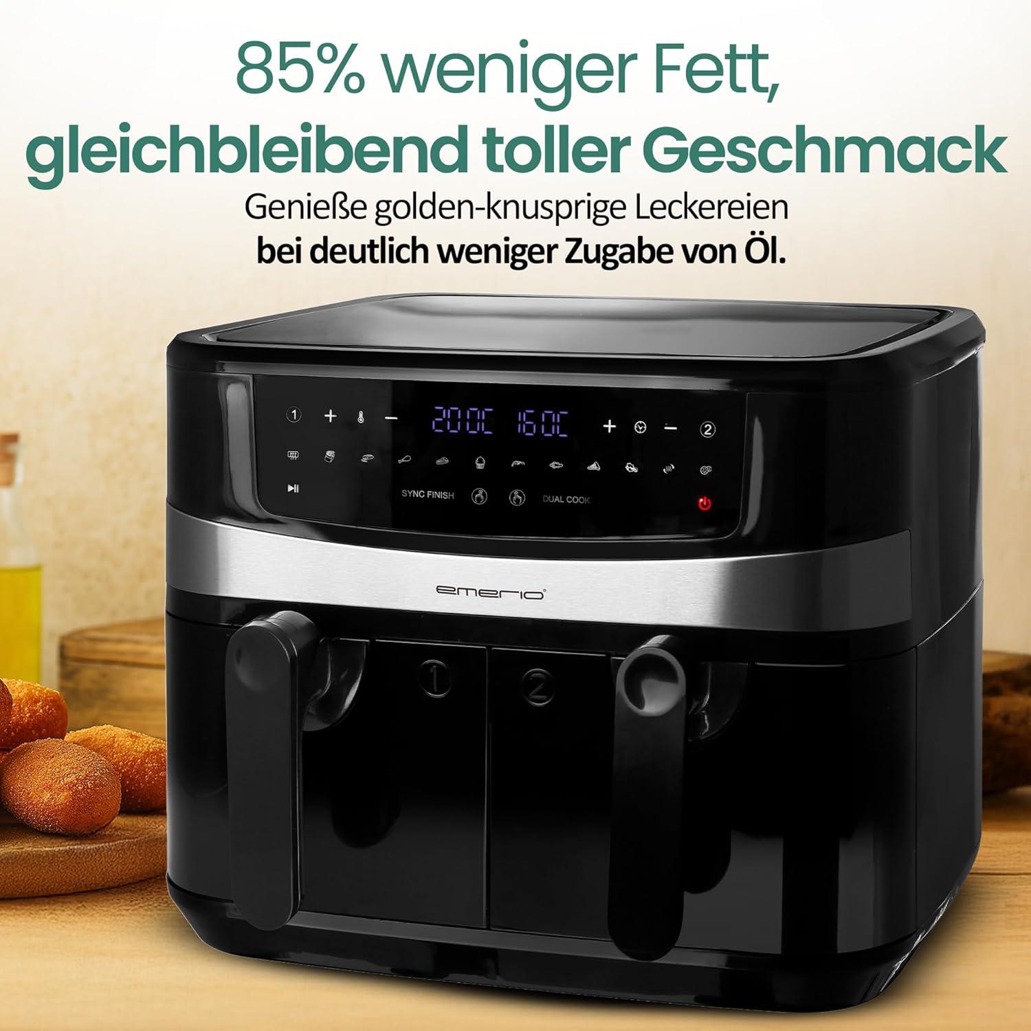 imageEmerio AirFryer AF1266724 Friteuse numrique air chaud double avec air chaud sans huile supplmentaire volume 2 x 50 l 12 programmes sans BPA fonction Smart Finish les deux sont prts en mme