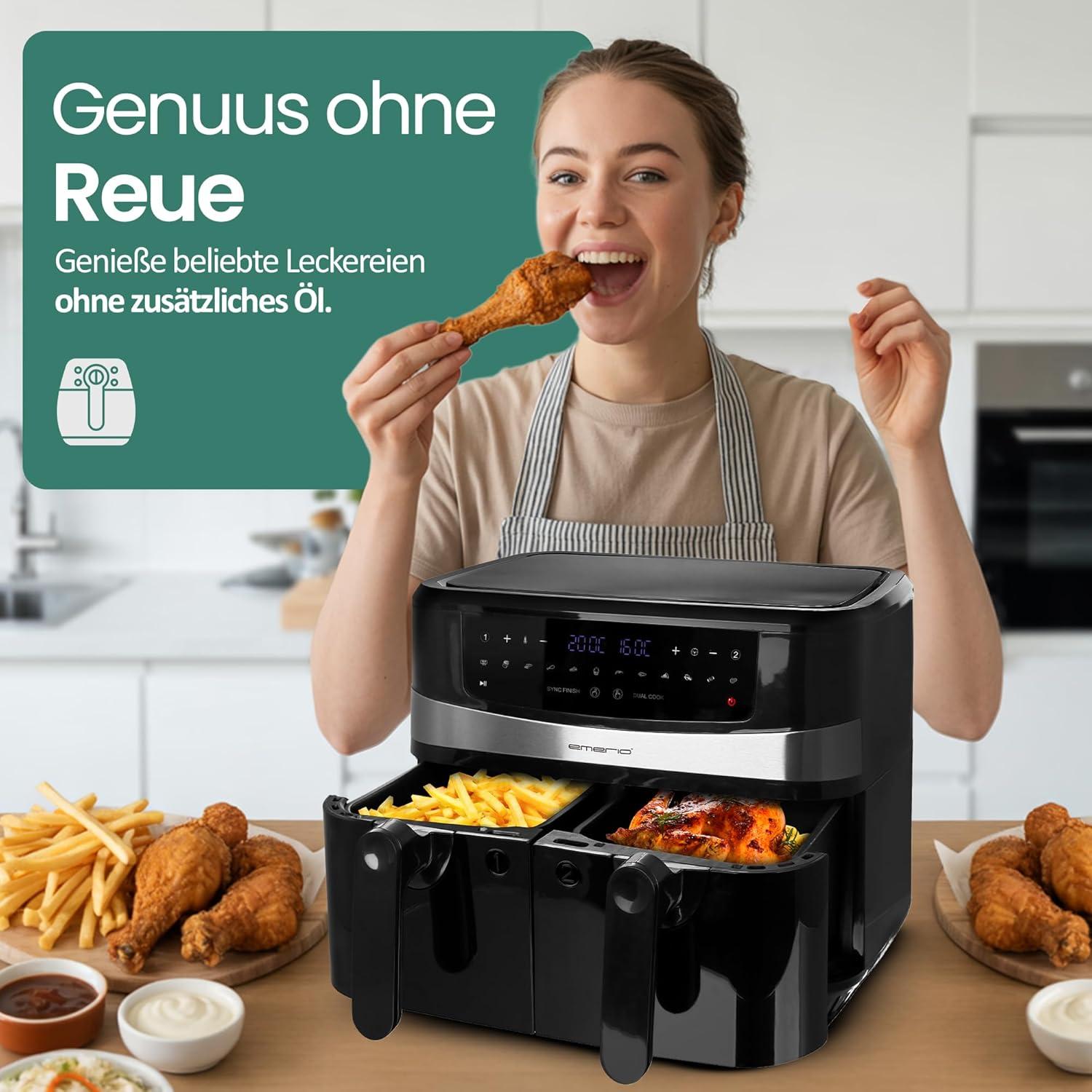imageEmerio AirFryer AF1266724 Friteuse numrique air chaud double avec air chaud sans huile supplmentaire volume 2 x 50 l 12 programmes sans BPA fonction Smart Finish les deux sont prts en mme