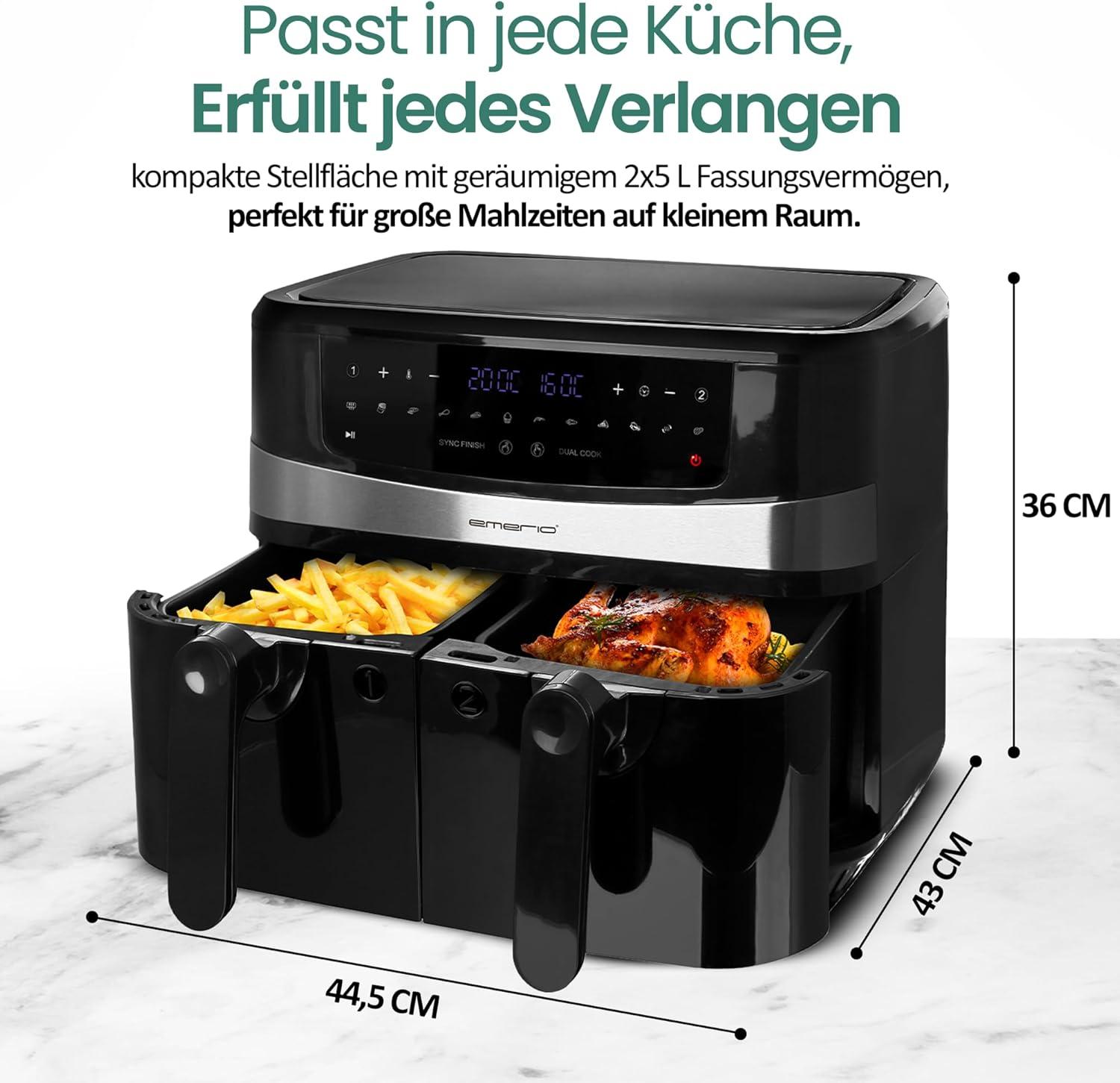 imageEmerio AirFryer AF1266724 Friteuse numrique air chaud double avec air chaud sans huile supplmentaire volume 2 x 50 l 12 programmes sans BPA fonction Smart Finish les deux sont prts en mme
