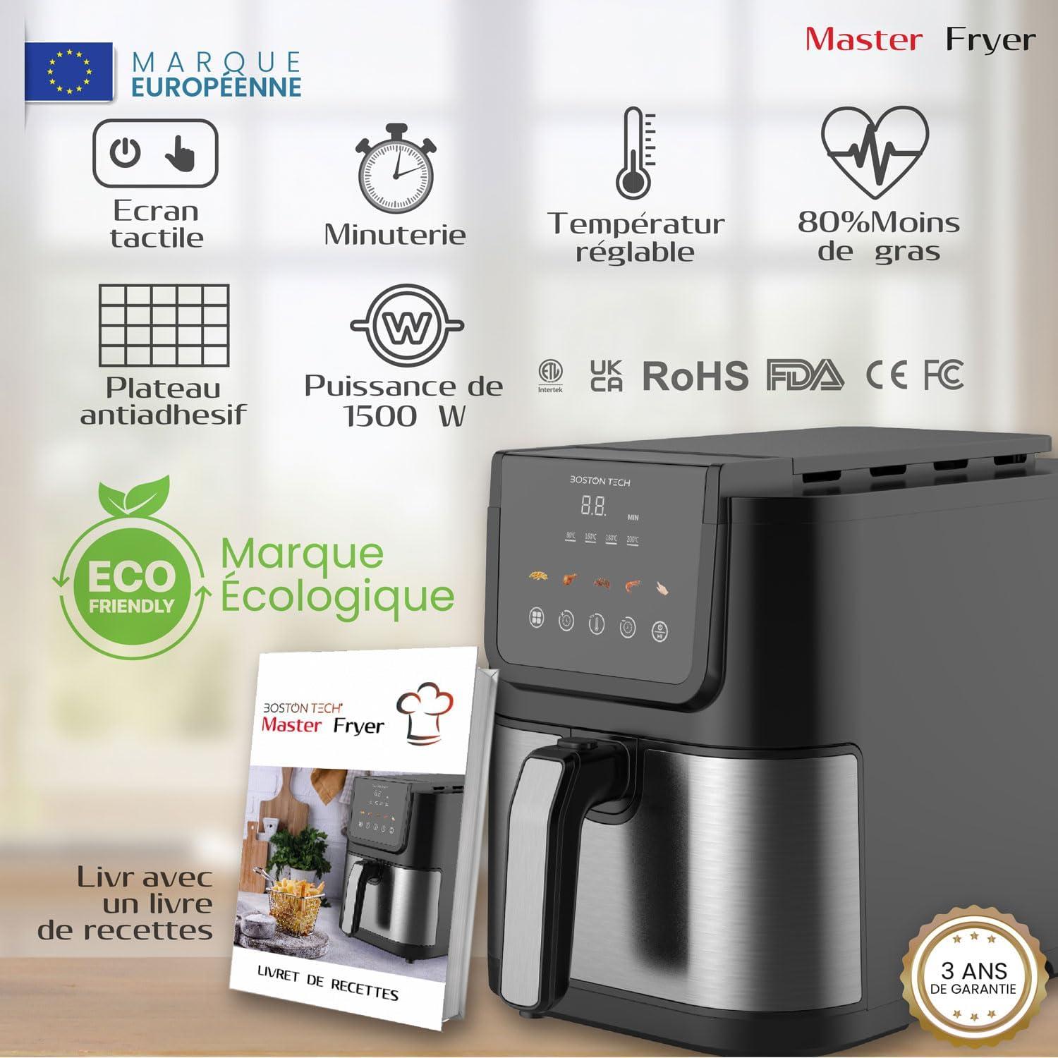 imageFriteuse air Boston Tech 1500W 5 programmes cran LED commande tactile temprature rglable panier avec revtement cramique sans PFAS 35 plus longue minuterie5L