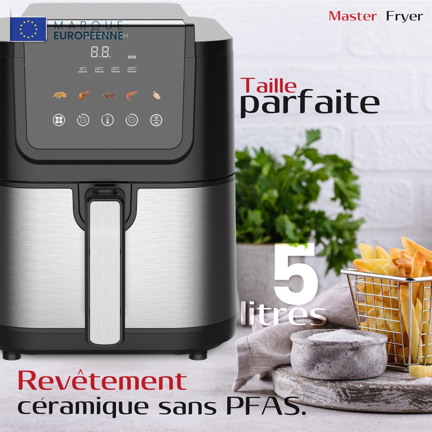 imageFriteuse air Boston Tech 1500W 5 programmes cran LED commande tactile temprature rglable panier avec revtement cramique sans PFAS 35 plus longue minuterie5L