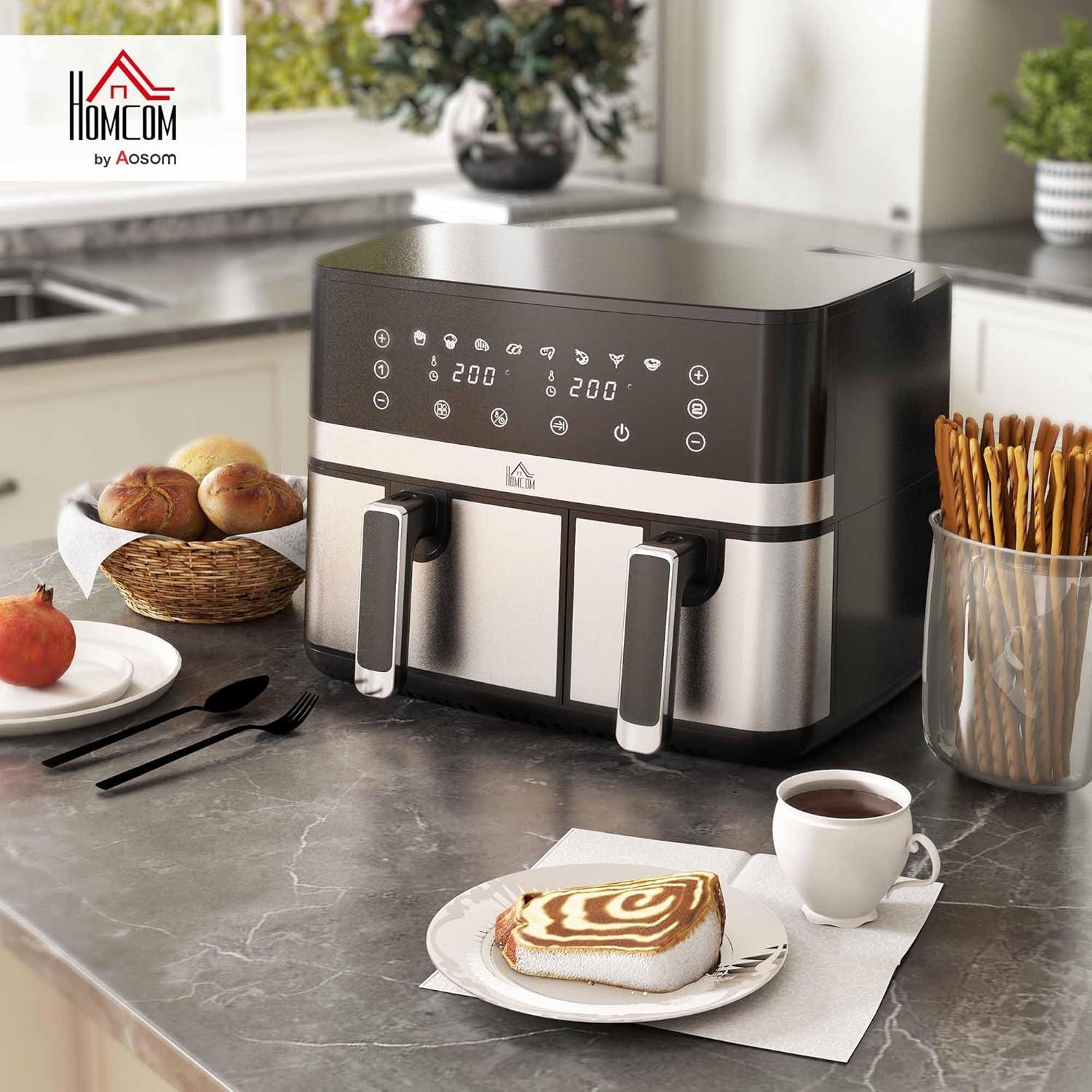 imageHOMCOM Friteuse air sans huile dual zone air fryer 85 L 2700 W 8 programmes cran LED tactile temprature rglable minuterie 2 paniers antiadhsif finition de synchronisation recette