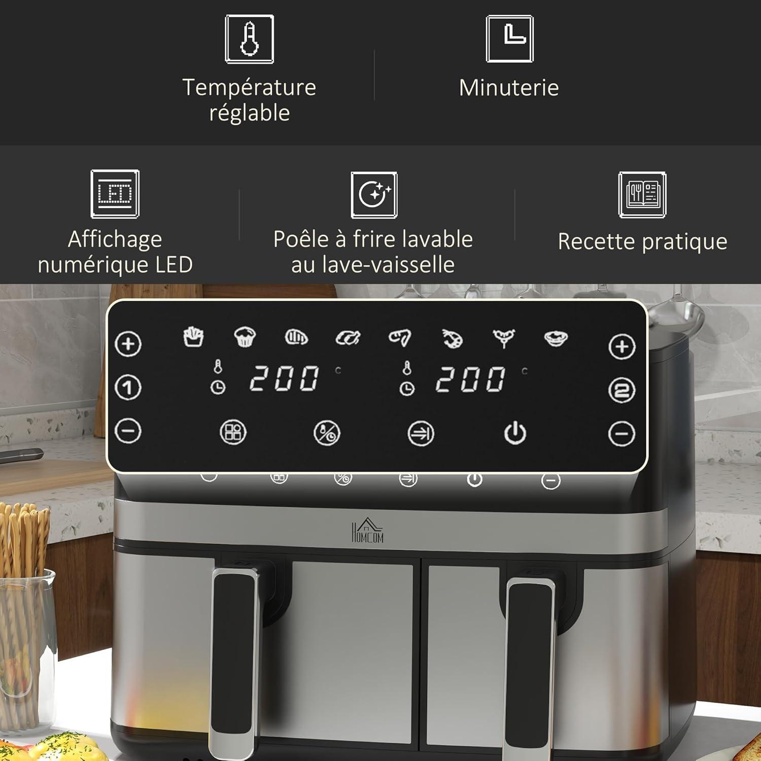 imageHOMCOM Friteuse air sans huile dual zone air fryer 85 L 2700 W 8 programmes cran LED tactile temprature rglable minuterie 2 paniers antiadhsif finition de synchronisation recette