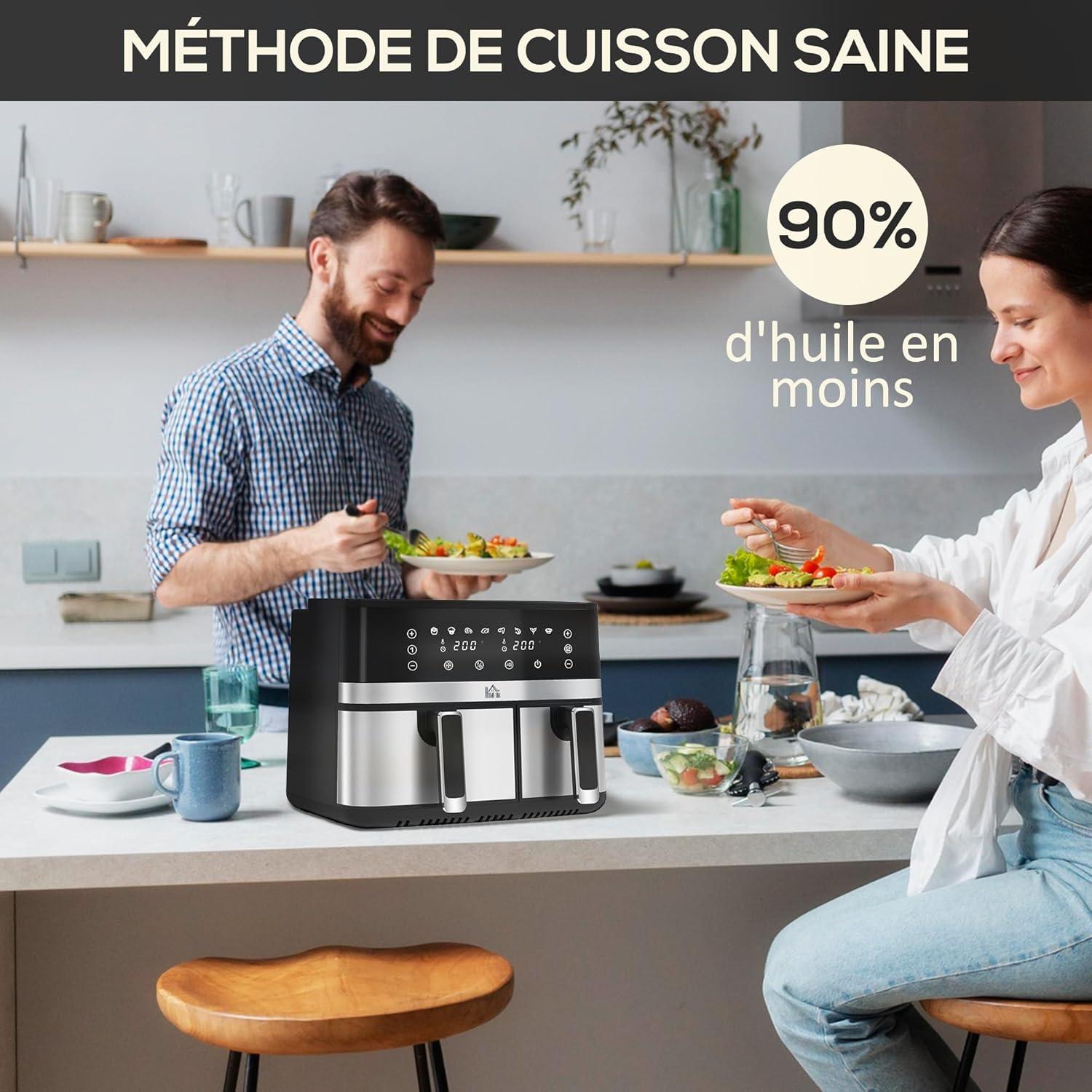 imageHOMCOM Friteuse air sans huile dual zone air fryer 85 L 2700 W 8 programmes cran LED tactile temprature rglable minuterie 2 paniers antiadhsif finition de synchronisation recette