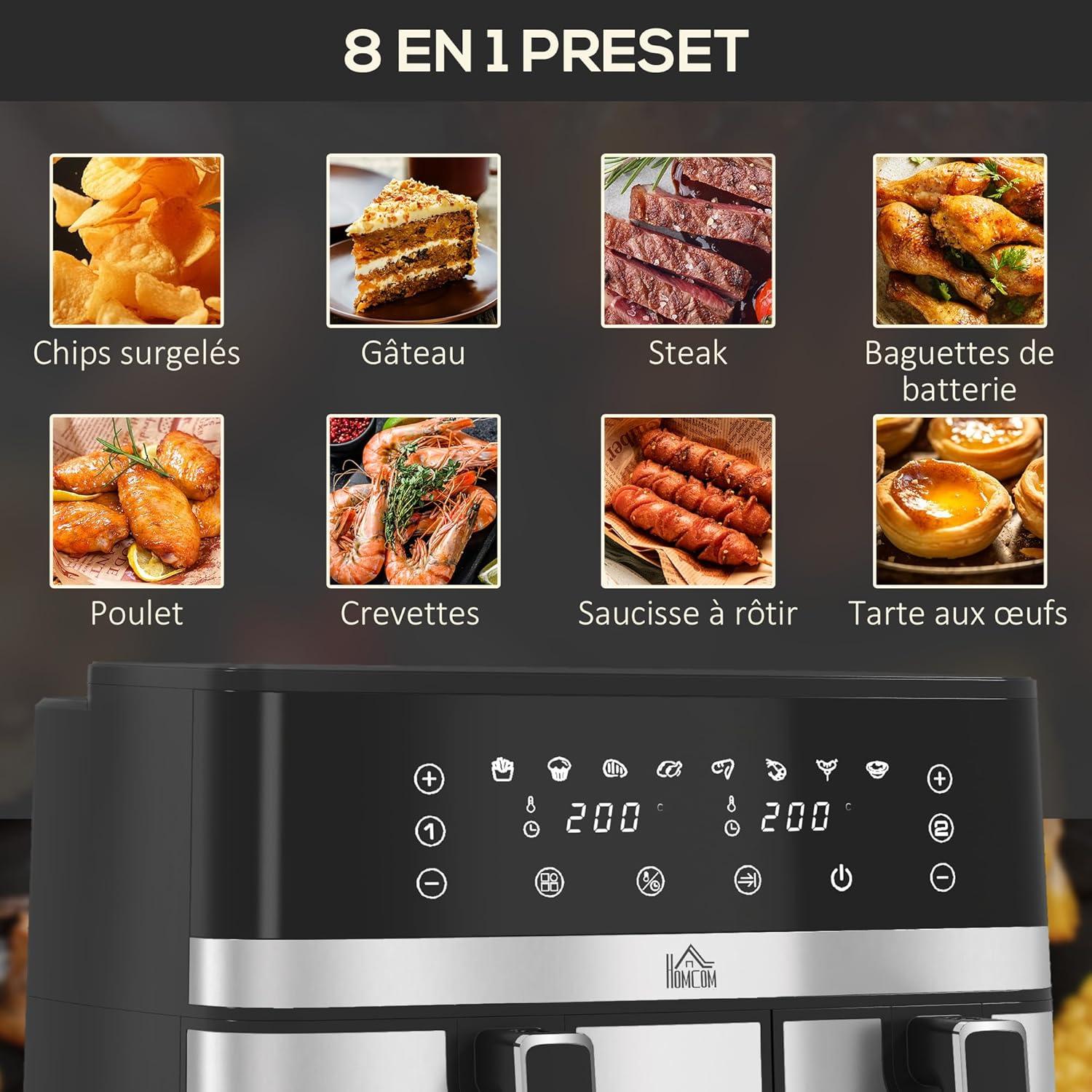 imageHOMCOM Friteuse air sans huile dual zone air fryer 85 L 2700 W 8 programmes cran LED tactile temprature rglable minuterie 2 paniers antiadhsif finition de synchronisation recette