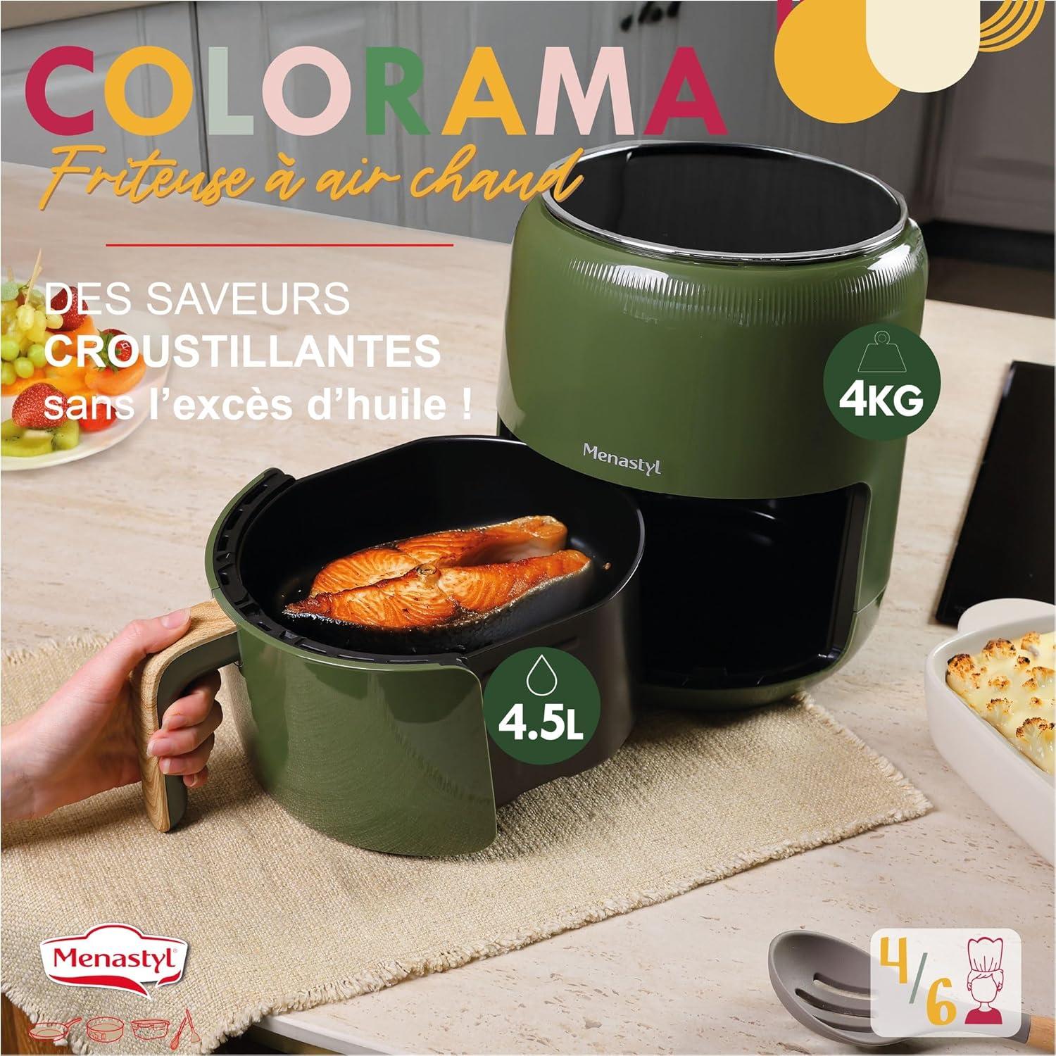 imageMENASTYL Friteuse sans huile air chaud Colorama Cladon sans PFAS 45L 8 programmes Temprature jusqu 200C Minuterie 1 heure Panier et grille compatibles lavevaisselle 6025001Olive