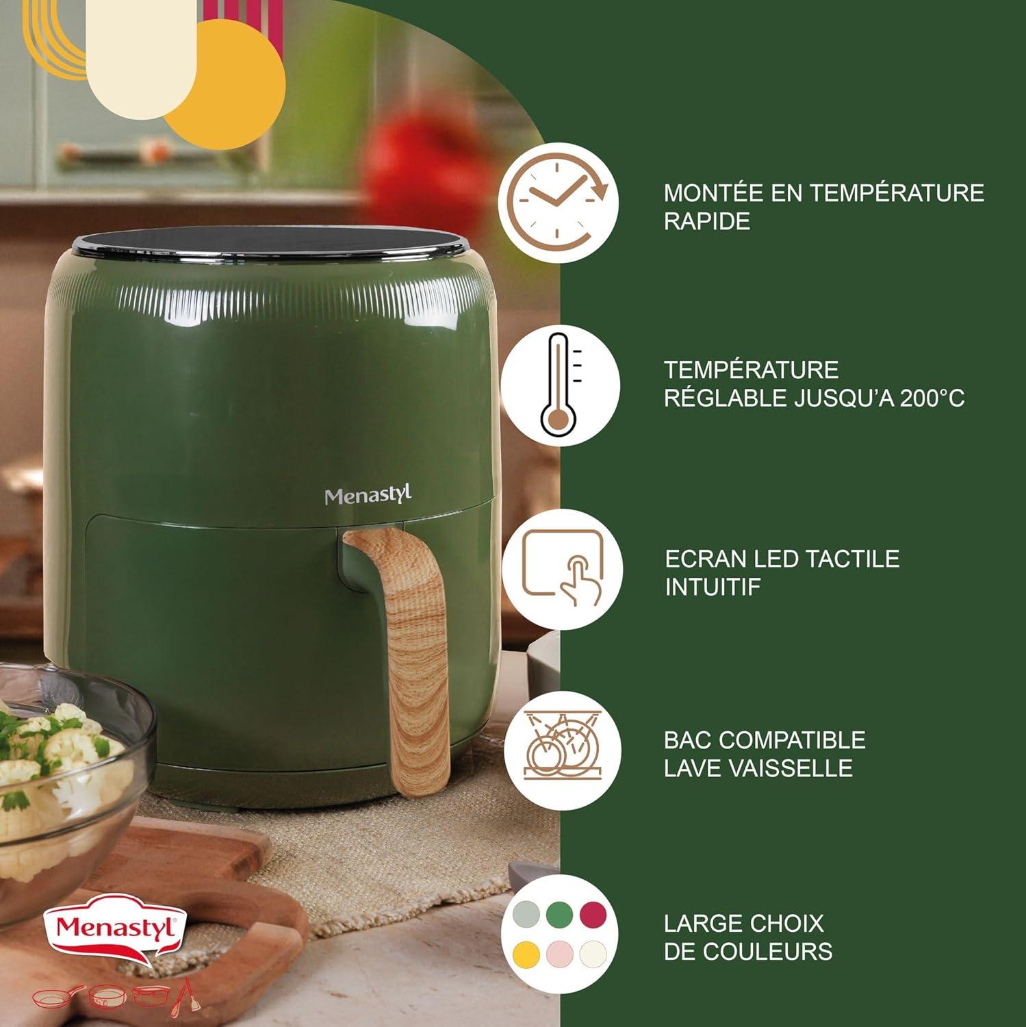 imageMENASTYL Friteuse sans huile air chaud Colorama Cladon sans PFAS 45L 8 programmes Temprature jusqu 200C Minuterie 1 heure Panier et grille compatibles lavevaisselle 6025001Olive