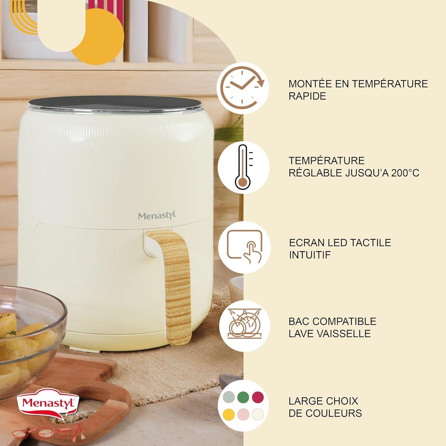 imageMENASTYL Friteuse sans huile air chaud Colorama Cladon sans PFAS 45L 8 programmes Temprature jusqu 200C Minuterie 1 heure Panier et grille compatibles lavevaisselle 6025001Crme