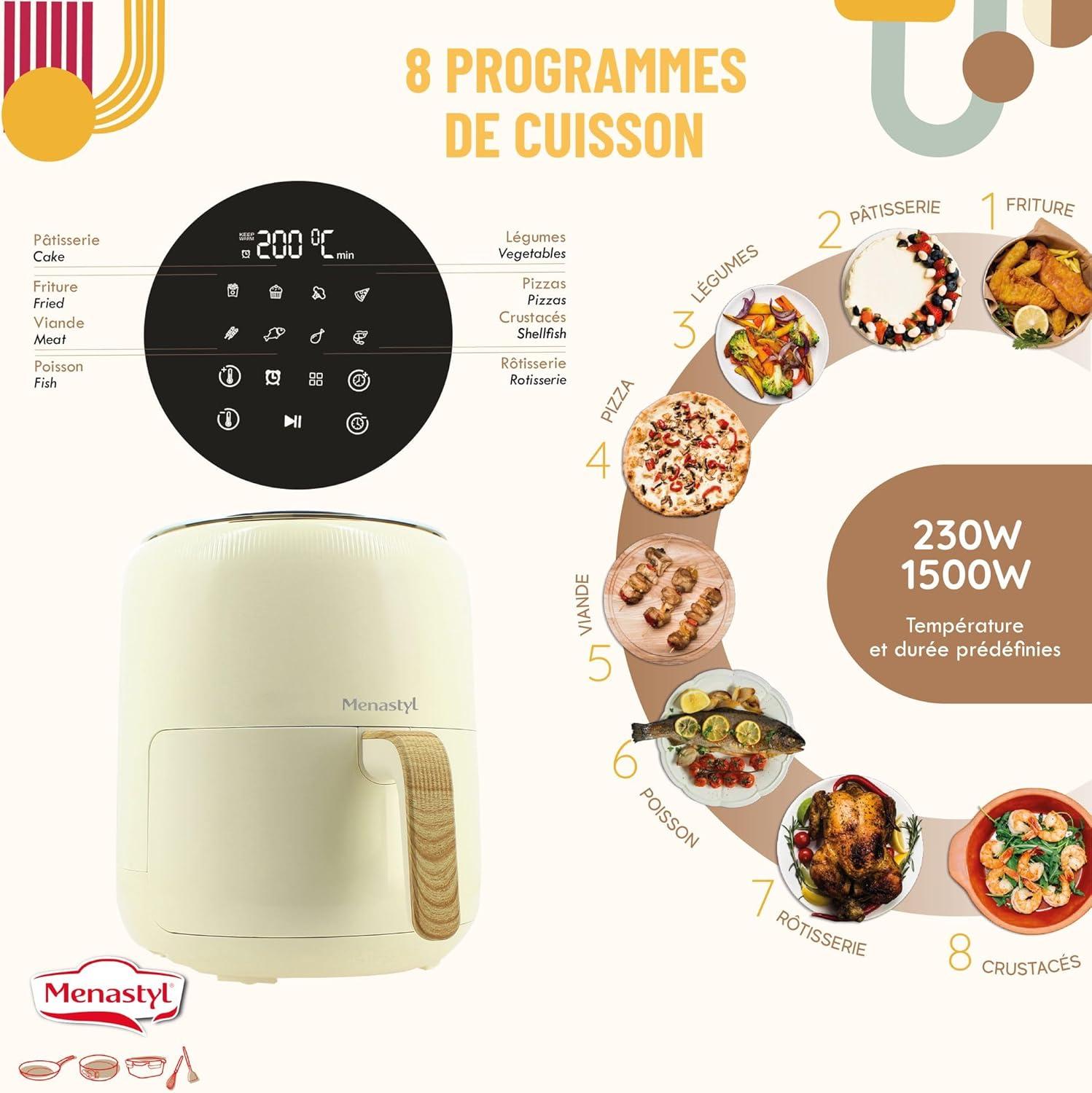 imageMENASTYL Friteuse sans huile air chaud Colorama Cladon sans PFAS 45L 8 programmes Temprature jusqu 200C Minuterie 1 heure Panier et grille compatibles lavevaisselle 6025001Crme