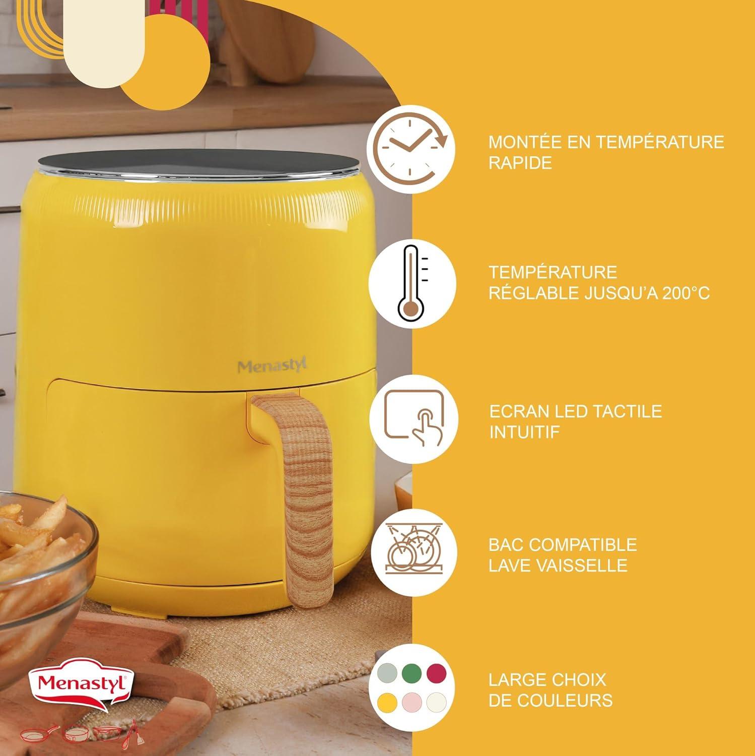 imageMENASTYL Friteuse sans huile air chaud Colorama Cladon sans PFAS 45L 8 programmes Temprature jusqu 200C Minuterie 1 heure Panier et grille compatibles lavevaisselle 6025001Safran