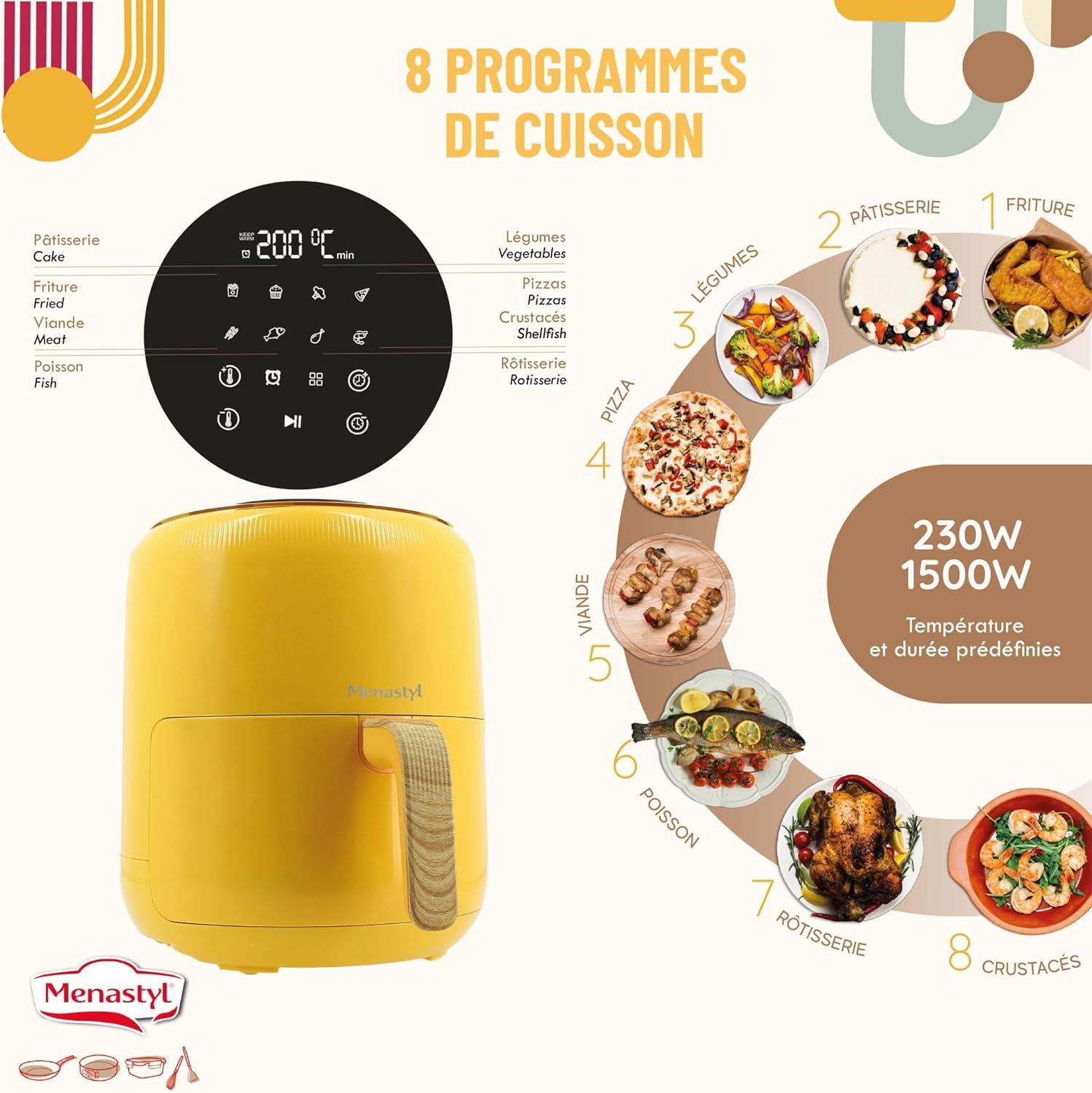 imageMENASTYL Friteuse sans huile air chaud Colorama Cladon sans PFAS 45L 8 programmes Temprature jusqu 200C Minuterie 1 heure Panier et grille compatibles lavevaisselle 6025001Safran