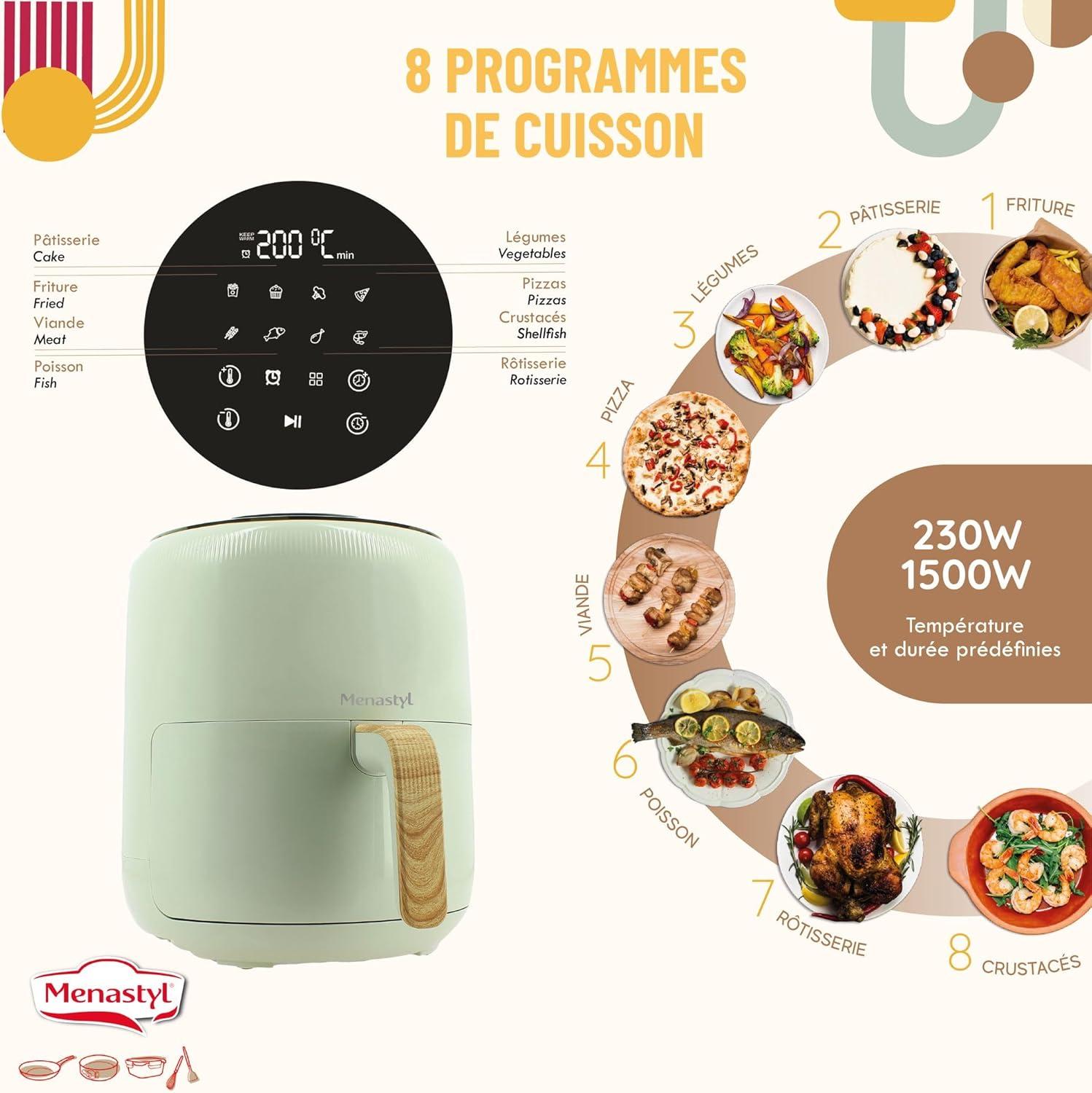 imageMENASTYL Friteuse sans huile air chaud Colorama Cladon sans PFAS 45L 8 programmes Temprature jusqu 200C Minuterie 1 heure Panier et grille compatibles lavevaisselle 6025001Cladon