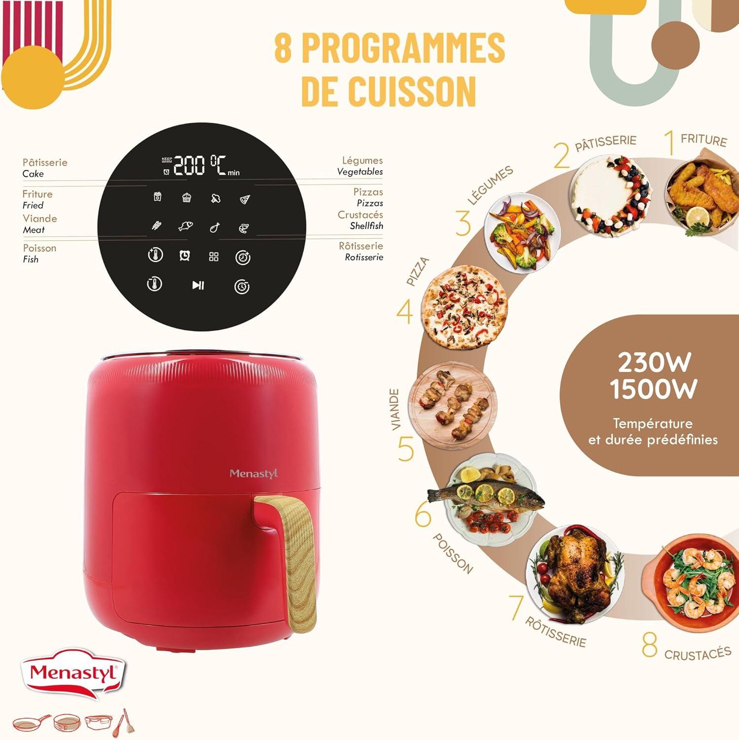 imageMENASTYL Friteuse sans huile air chaud Colorama Cladon sans PFAS 45L 8 programmes Temprature jusqu 200C Minuterie 1 heure Panier et grille compatibles lavevaisselle 6025001Magenta