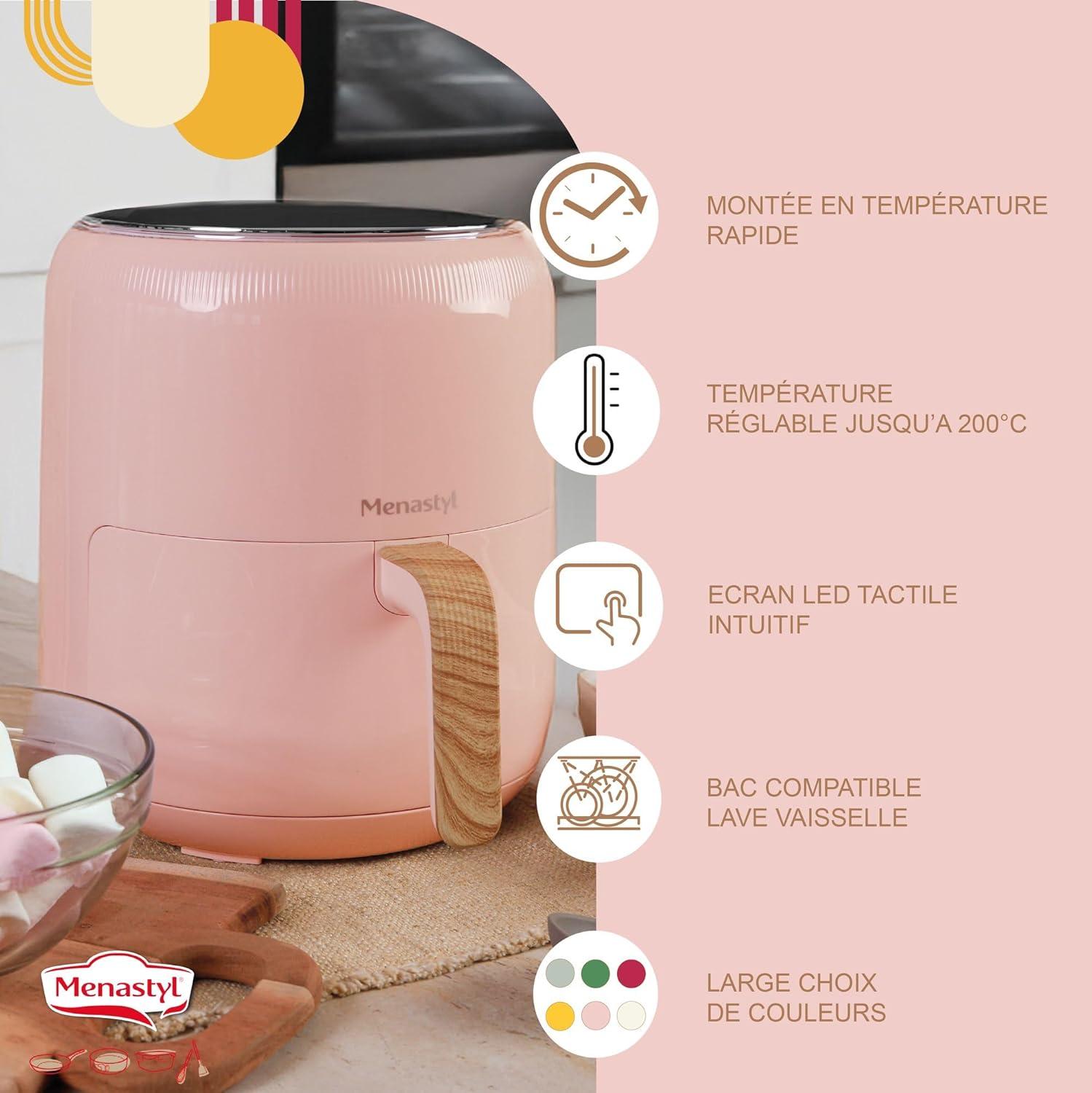 imageMENASTYL Friteuse sans huile air chaud Colorama Cladon sans PFAS 45L 8 programmes Temprature jusqu 200C Minuterie 1 heure Panier et grille compatibles lavevaisselle 6025001Rose