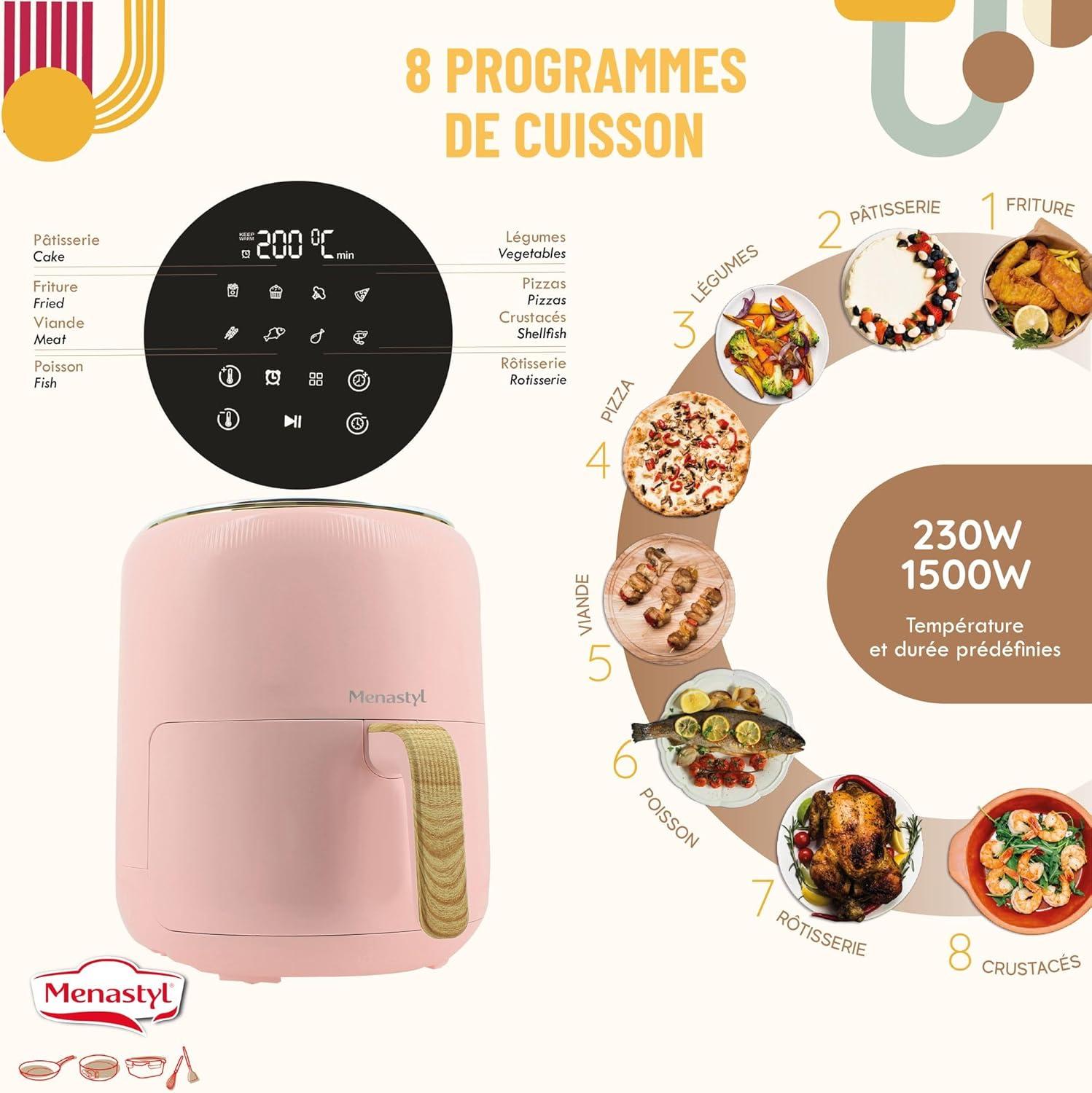 imageMENASTYL Friteuse sans huile air chaud Colorama Cladon sans PFAS 45L 8 programmes Temprature jusqu 200C Minuterie 1 heure Panier et grille compatibles lavevaisselle 6025001Rose