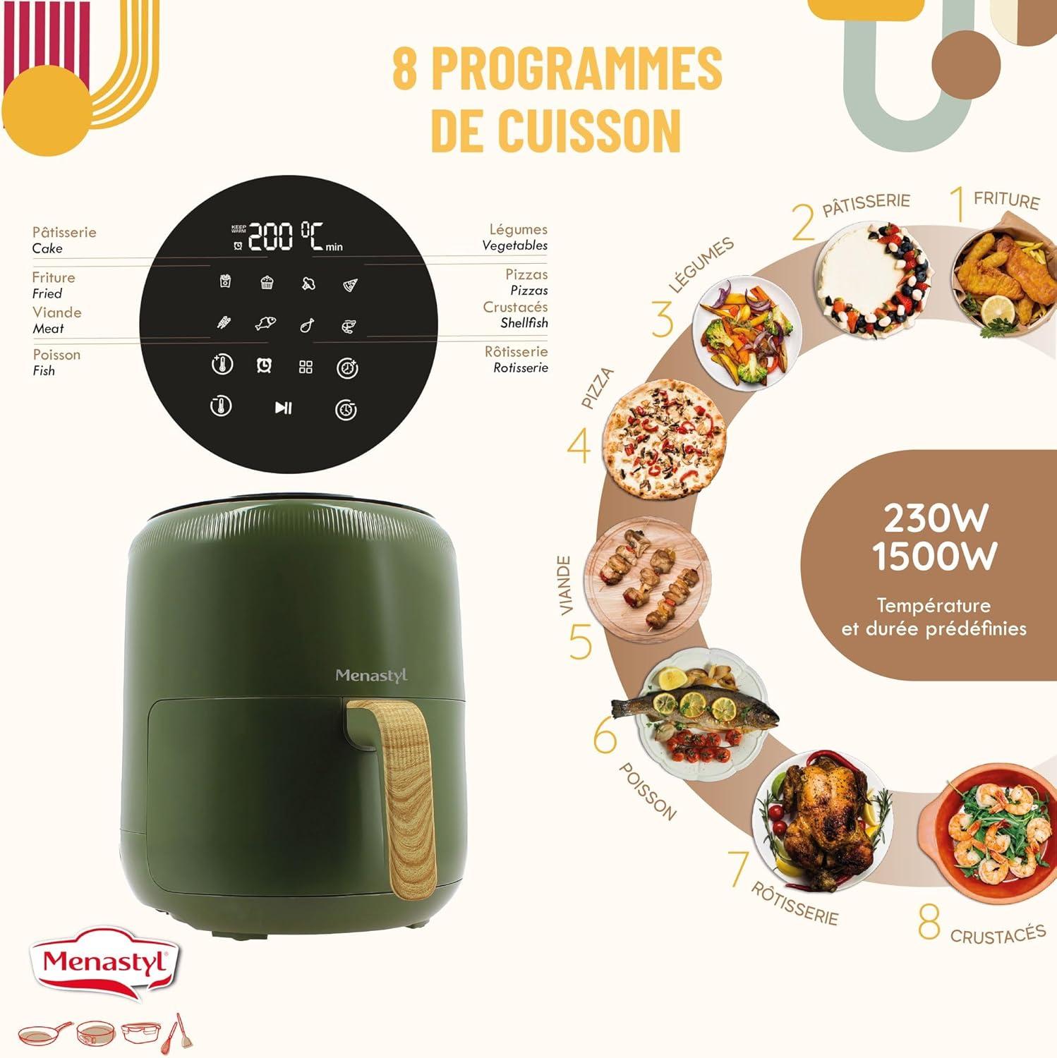 imageMENASTYL Friteuse sans huile air chaud Colorama Cladon sans PFAS 45L 8 programmes Temprature jusqu 200C Minuterie 1 heure Panier et grille compatibles lavevaisselle 6025001Olive