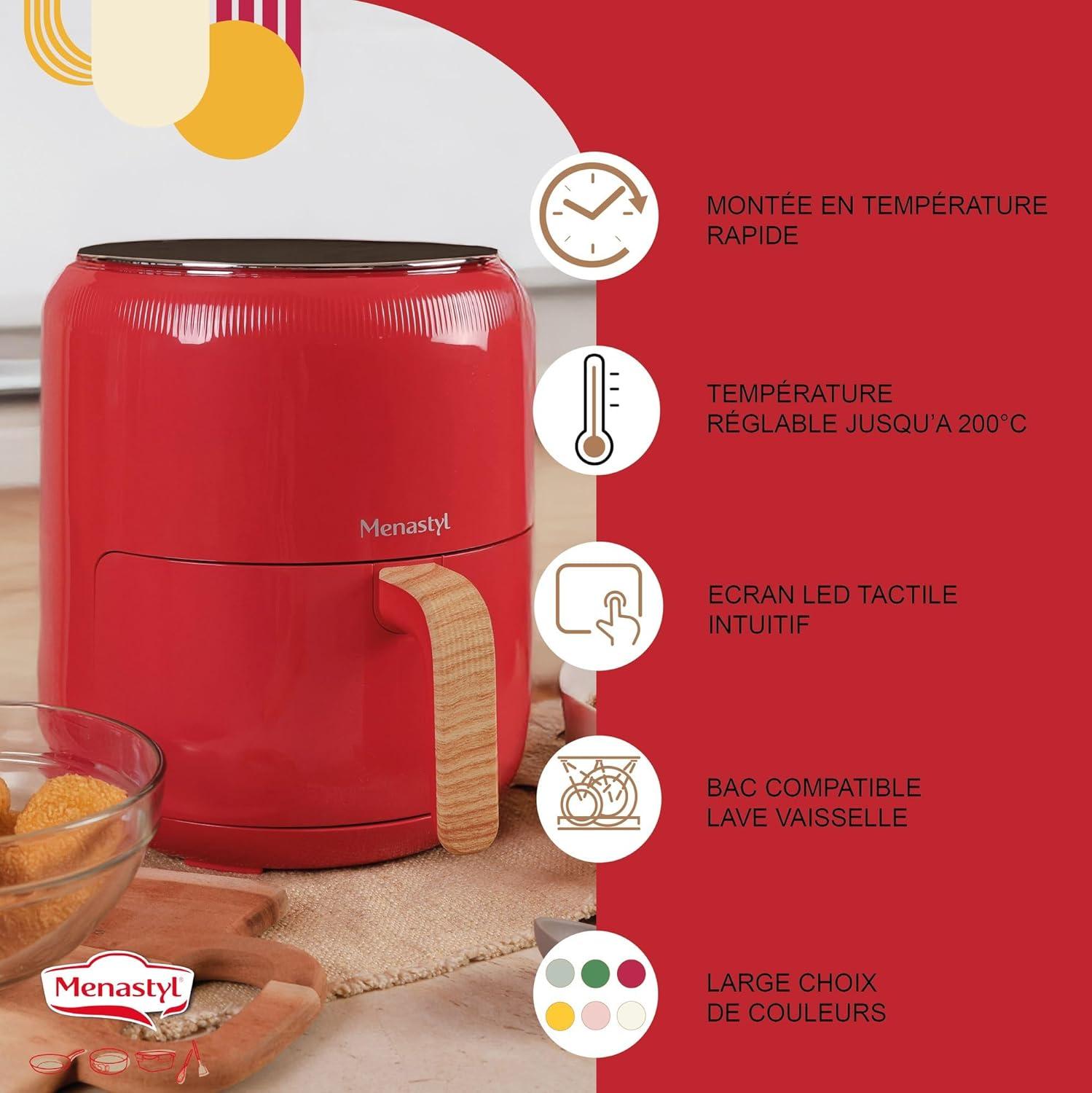 imageMENASTYL Friteuse sans huile air chaud Colorama Cladon sans PFAS 45L 8 programmes Temprature jusqu 200C Minuterie 1 heure Panier et grille compatibles lavevaisselle 6025001Magenta