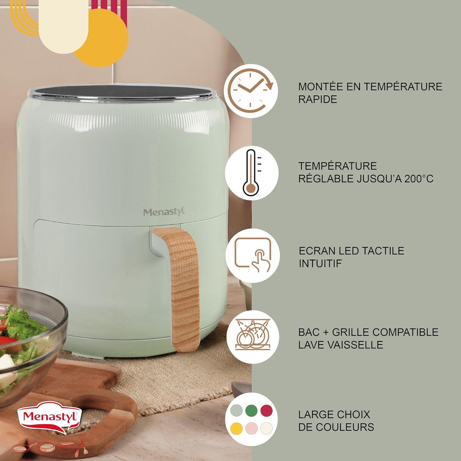 imageMENASTYL Friteuse sans huile air chaud Colorama Cladon sans PFAS 45L 8 programmes Temprature jusqu 200C Minuterie 1 heure Panier et grille compatibles lavevaisselle 6025001Cladon