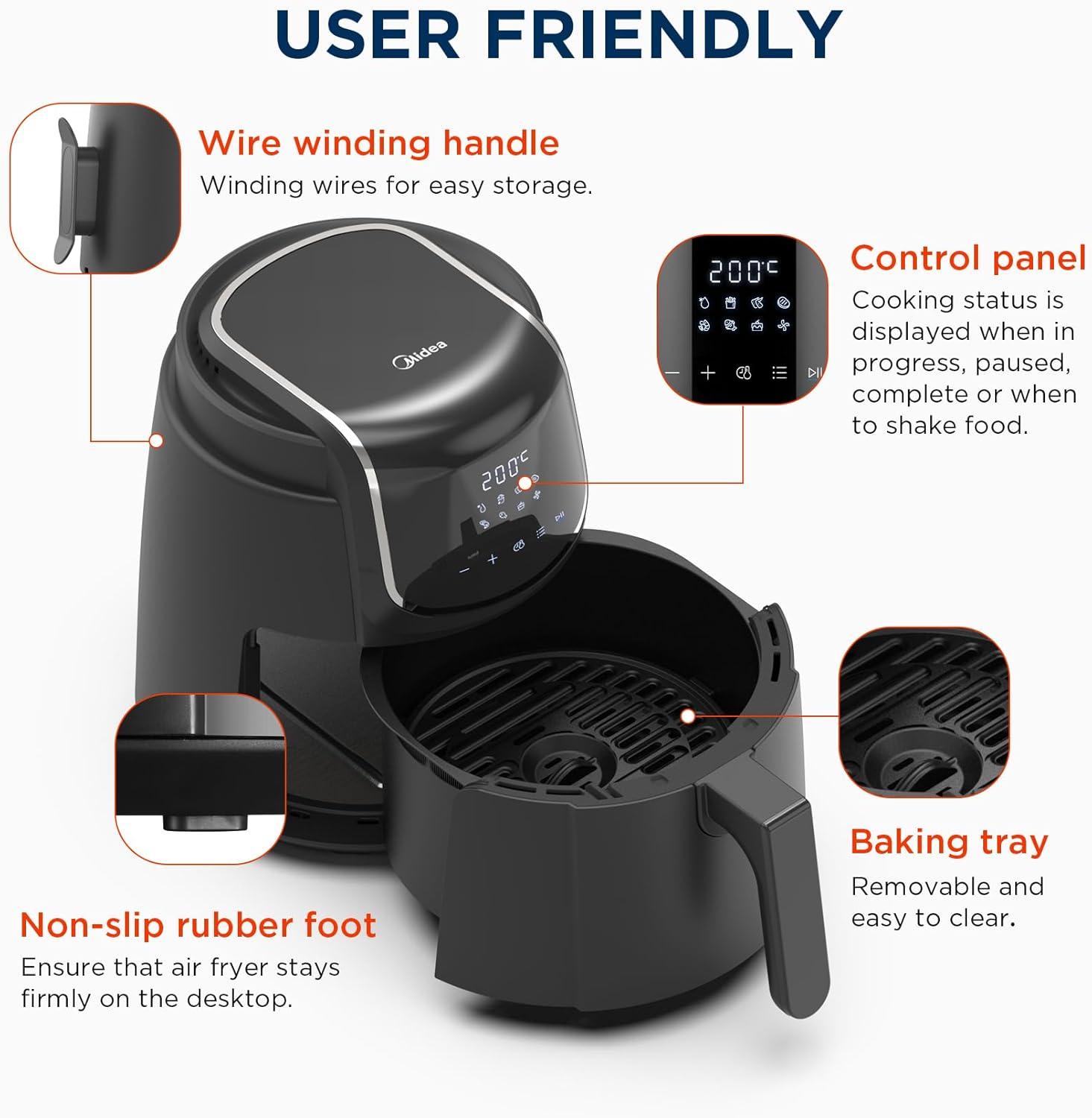 imageMidea Friteuse Air Chaud 2L Compacte 12 Programmes Air Fryer 80200C Panier Antiadhsif Lavable 1150W Sans BPA Idal Petites Cuisines NoirNoir